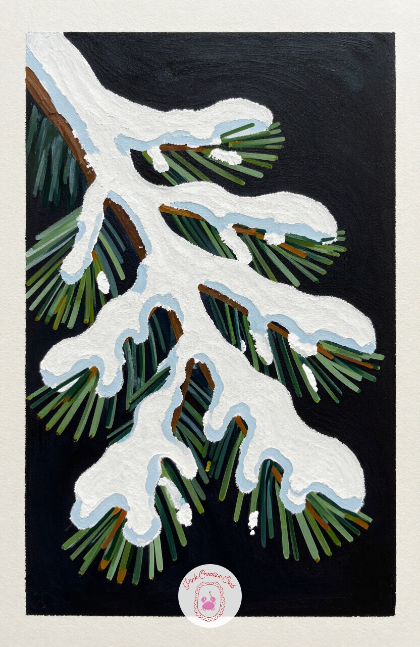 Snow-Covered Pine Branch — A single branch is the simplest way to start a winter canvas, and it fills the frame without asking for perspective or a horizon
