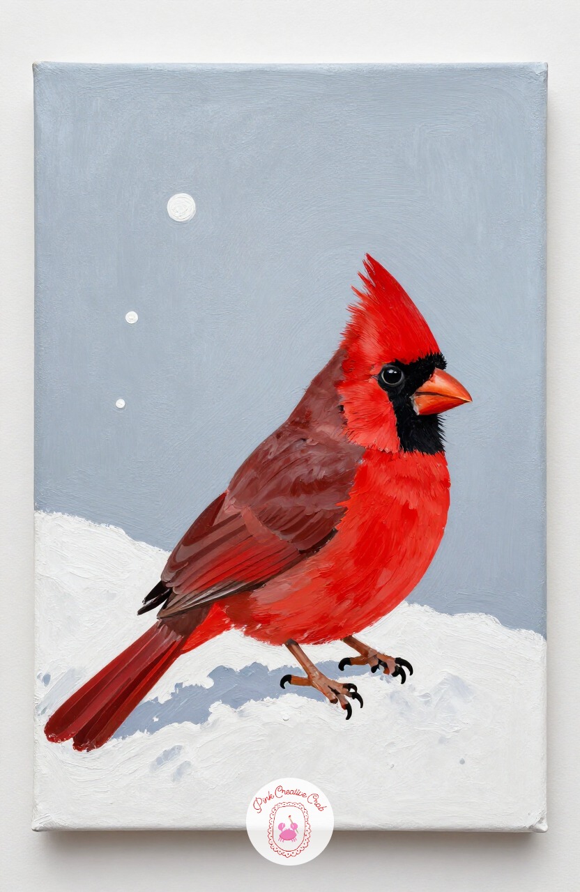 Single Red Cardinal in Snow — A cardinal against snow gives instant contrast with very little mixing, which makes it a satisfying one-sitting painting. Winter