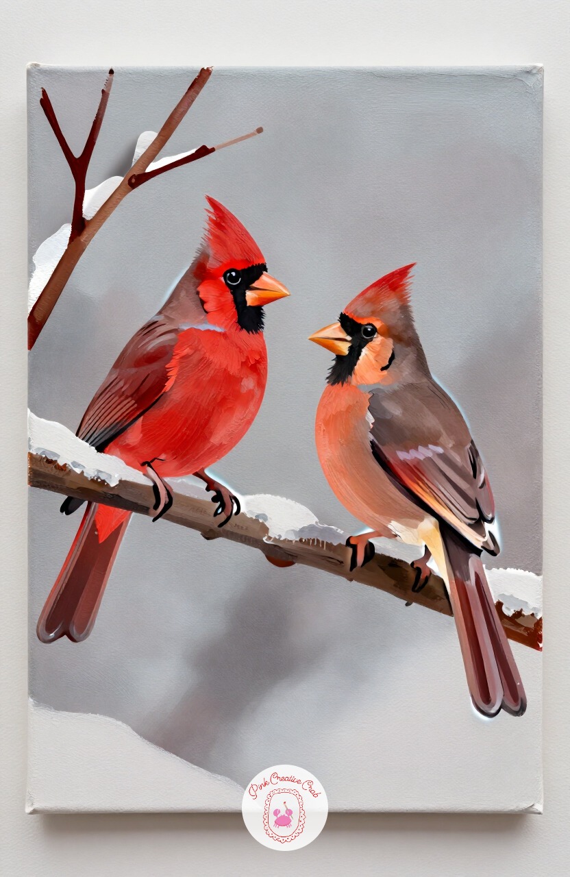 Cardinal Pair on Snowy Branch — Painting two cardinals together, the brighter red male and the warmer brown-tan female, gives more to look at than a single