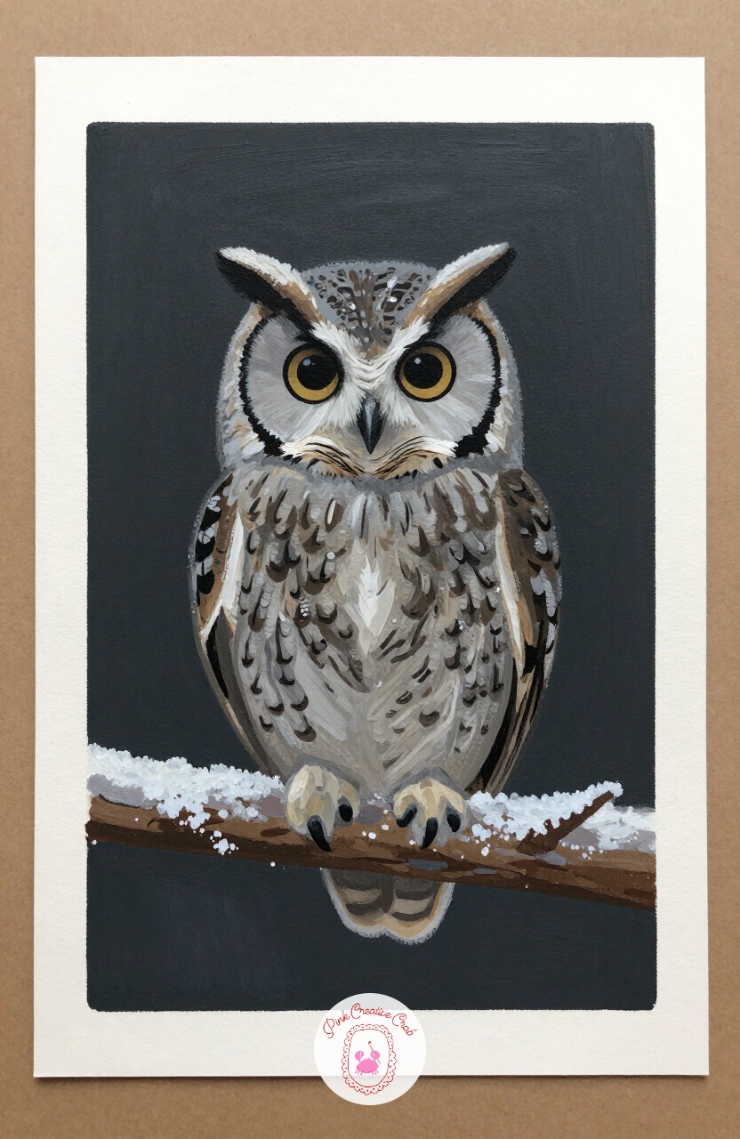 Owl on Frosted Branch — An owl is a satisfying animal subject because the body is mostly simple ovals before any feather detail goes in. Winter painting ideas