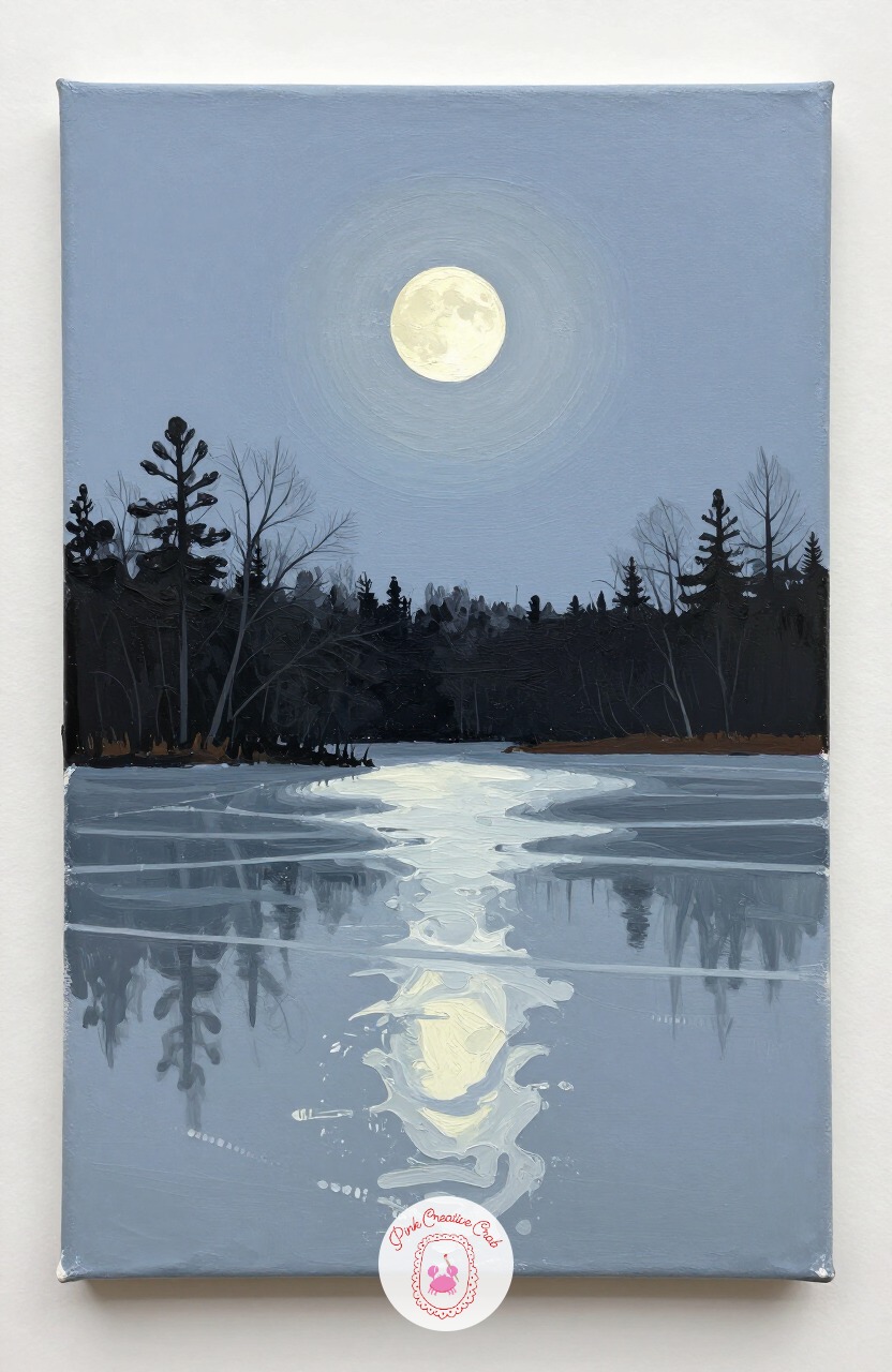Winter Moon Over Frozen Pond — A night scene with a moon reflected on ice makes a strong canvas with a limited palette. Winter painting ideas