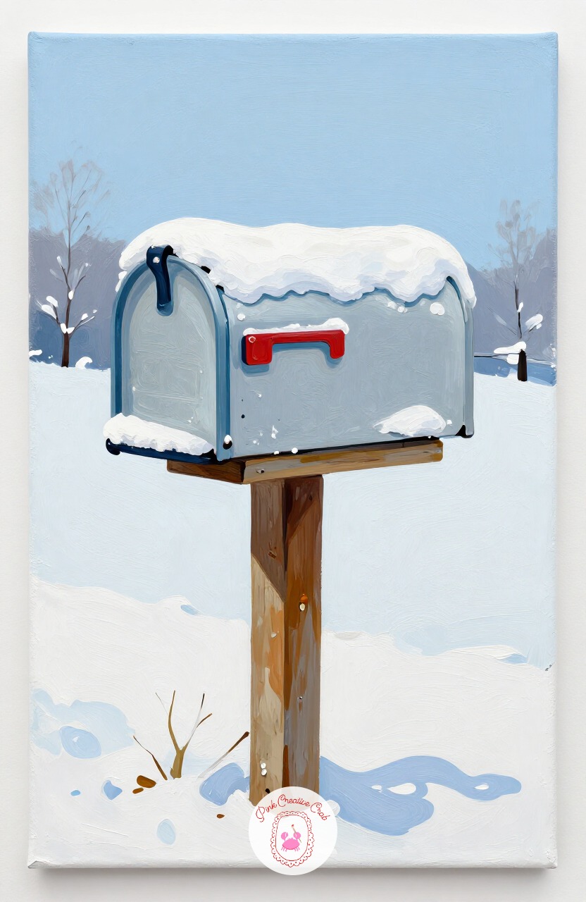 Snowy Mailbox and Fence Post — A mailbox on a snowy post is a small, quick subject that still carries a strong sense of place. Winter painting ideas