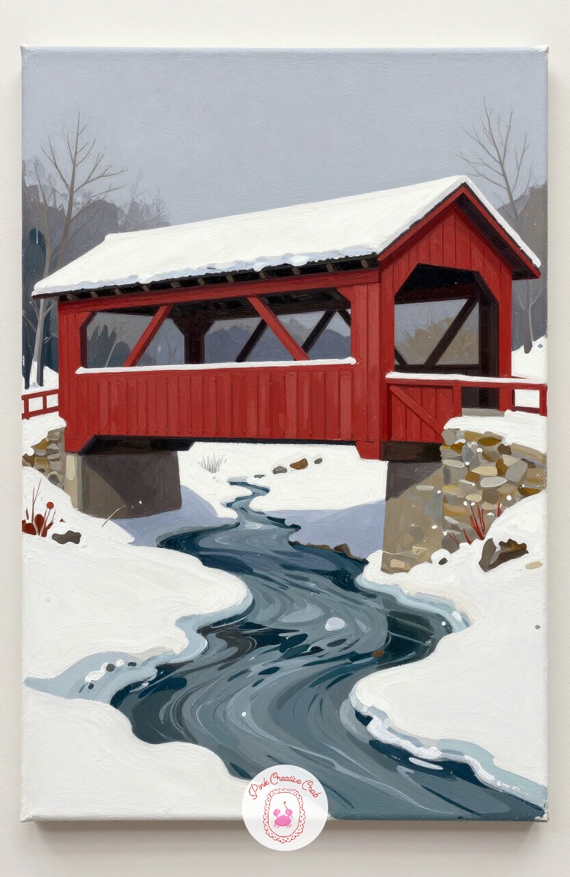 Snow-Covered Covered Bridge — A covered bridge adds architecture to a winter canvas without demanding tight detail, since the shapes are mostly simple