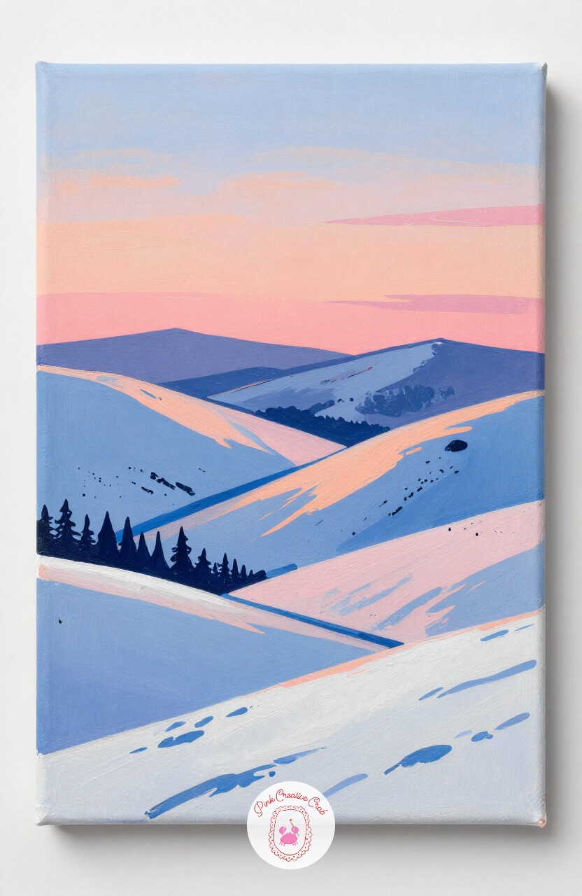 Winter Sunrise Over Hills — Rolling snowy hills under a sunrise sky bring warm and cool color together in one canvas. Winter painting ideas