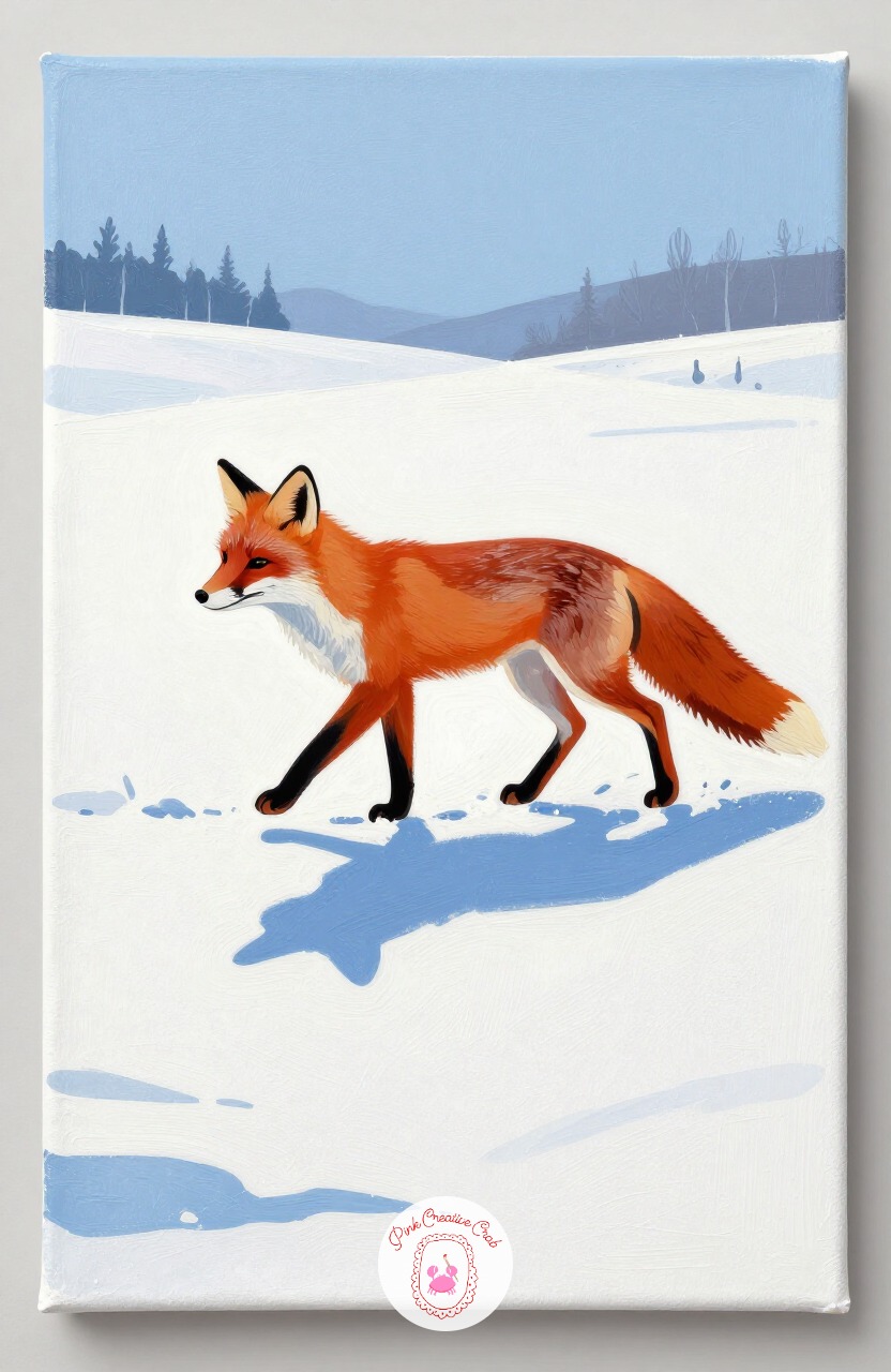 Fox Crossing Snowy Field — A fox mid-stride across open snow gives a landscape a clear focal point and a sense of motion. Winter painting ideas