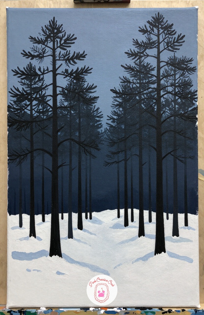 Snowy Pine Forest at Dusk — A row of pine silhouettes at dusk is a good lesson in depth using only value, no detail required. Winter painting ideas