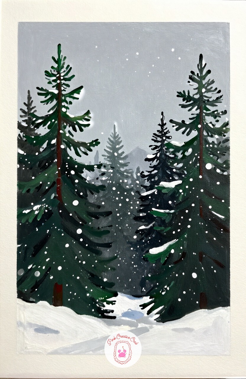 Snow Falling on Dark Pines — Falling snow against dark pines is a simple effect that adds a lot of atmosphere for very little extra work. Winter painting ideas