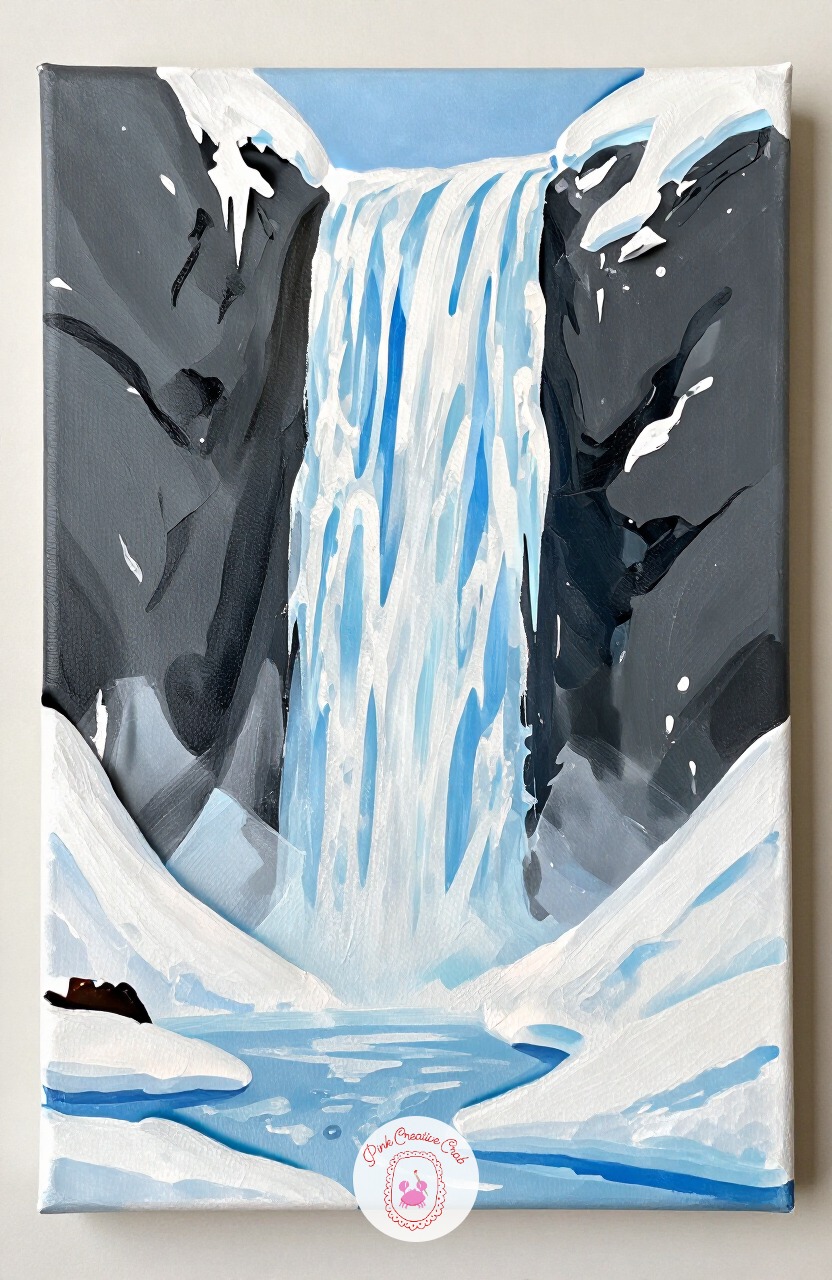 Frozen Waterfall — A waterfall frozen mid-drop is a striking subject built from simple vertical strokes rather than the usual soft curves of moving water.