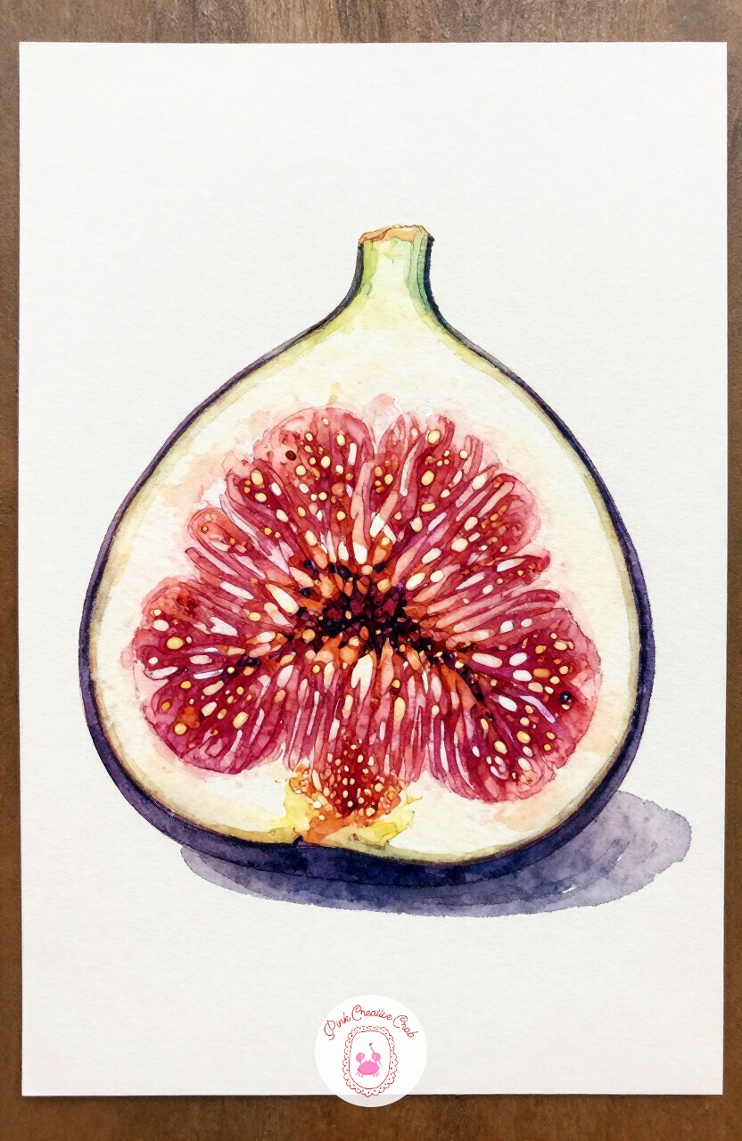 Fig Cut in Half — A halved fig is a small painting with a big personality, all deep purples and pink centers, and it fits easily on a quarter sheet. Watercolor