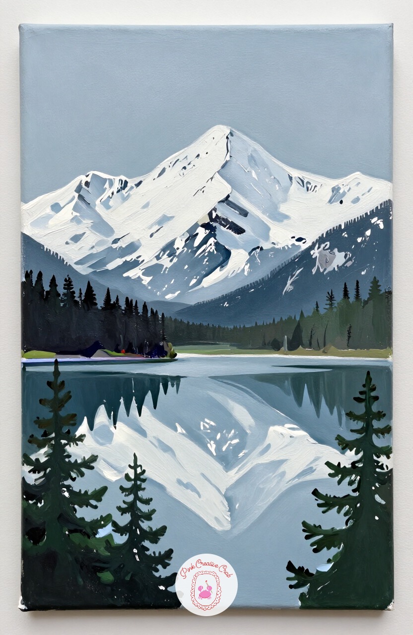 Snow-Capped Mountain Lake — A still lake reflecting white-capped mountains pairs a distant landscape with a close, calm foreground. Winter painting ideas