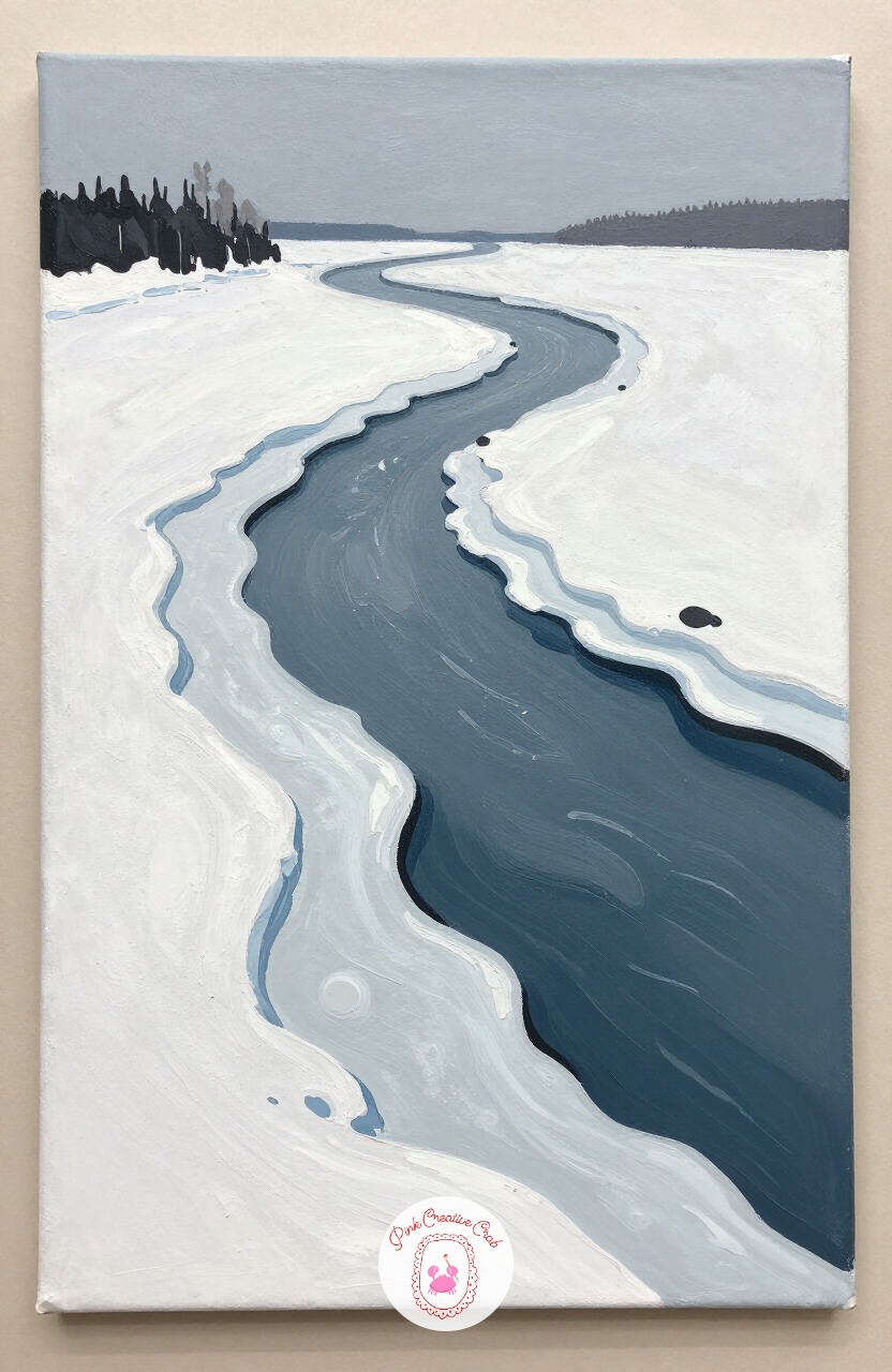 Frozen River Bend — A winding river with patches of ice and open water gives a landscape real contrast between pale and dark areas. Winter painting ideas