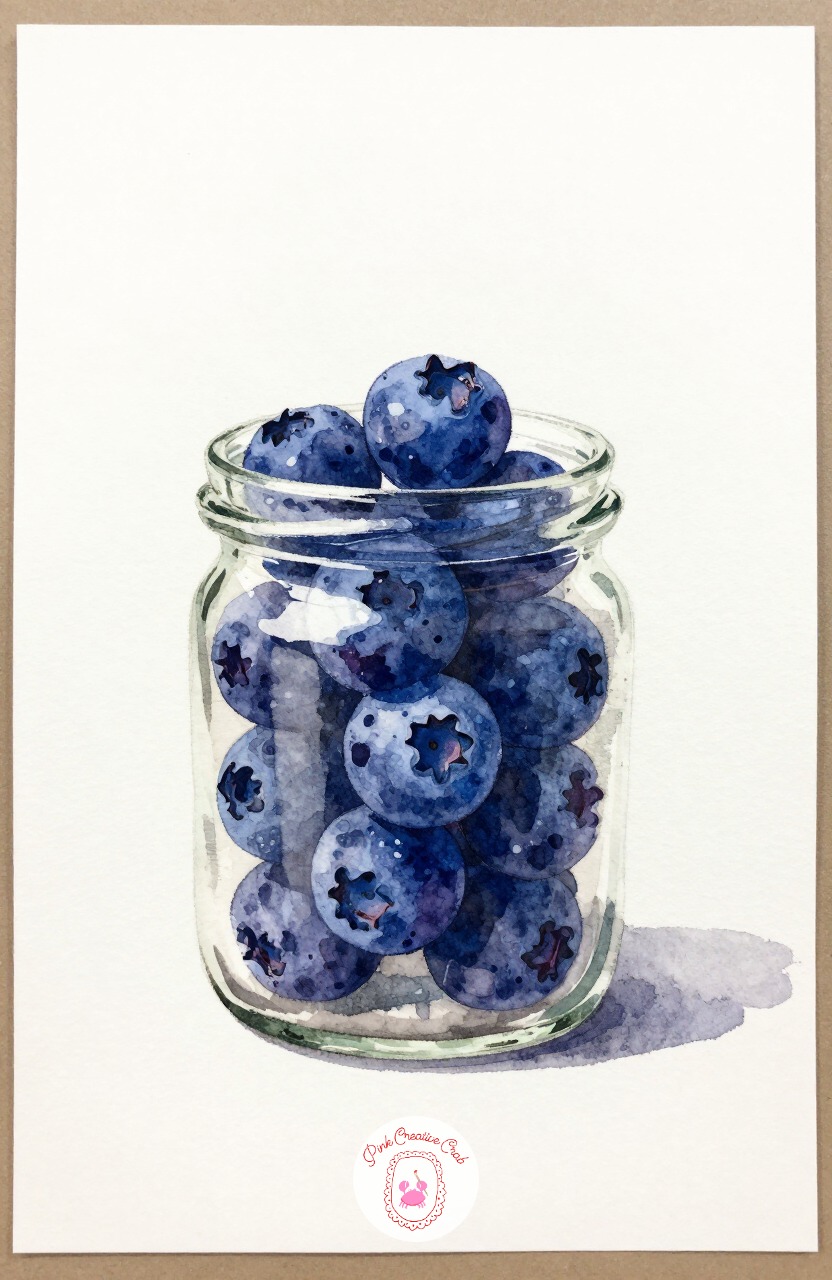 Blueberries in a Jar — A small cluster of blueberries in a glass jar works well for practicing both round fruit and glass reflection in one sitting. Watercolor