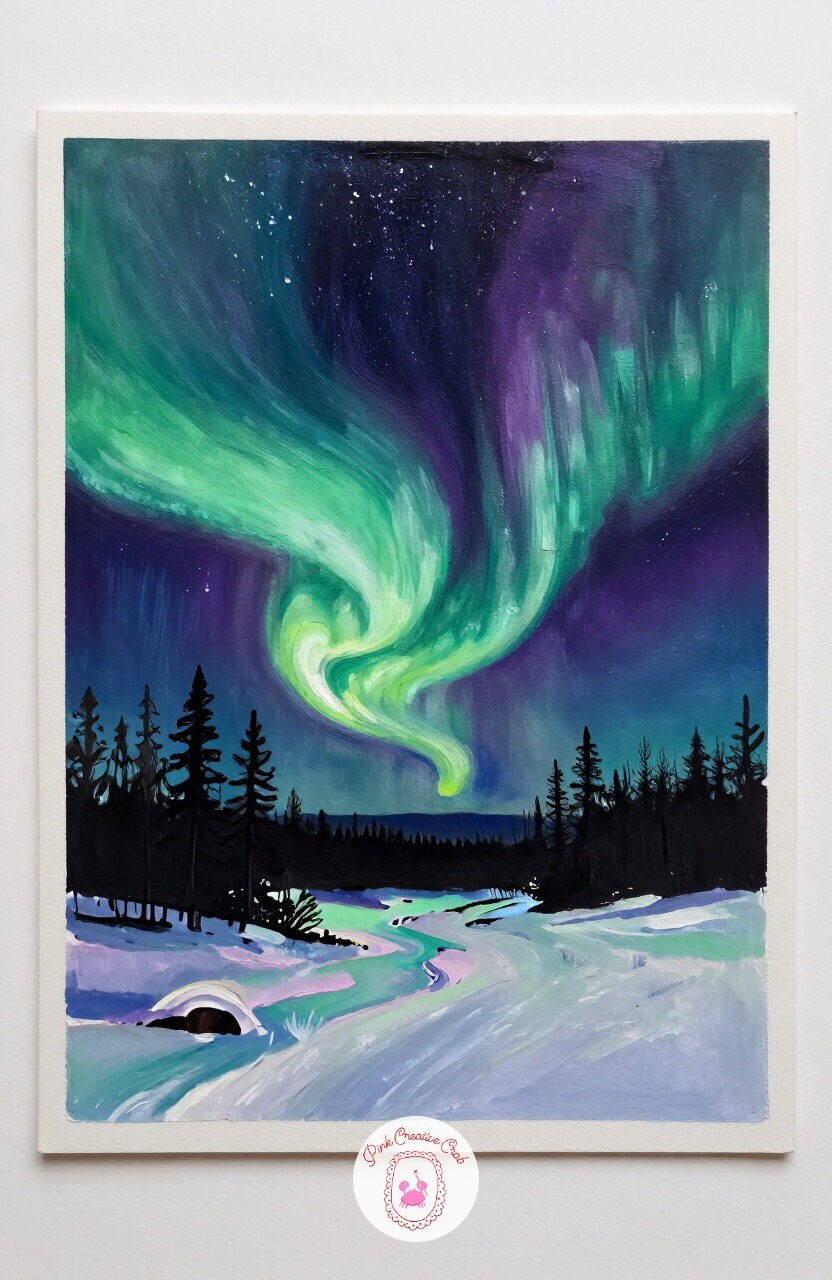 Northern Lights Over Snowfield — Painting the northern lights is a good way to practice soft color blending on a dark canvas. Winter painting ideas