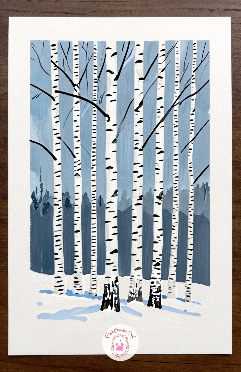 Birch Trees In Winter — A small cluster of birch trunks gives you an easy pattern to repeat with a lot of visual payoff. Christmas painting ideas