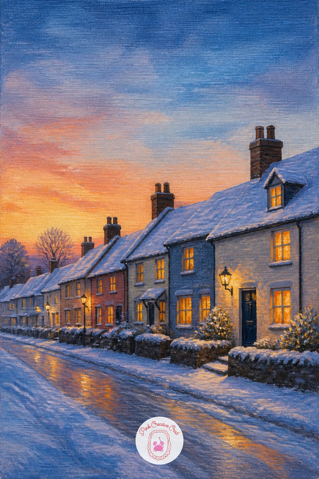Row Of Village Houses At Dusk — A row of small houses along a snowy street gives you a chance to practice repeating a shape with small variations. Christmas