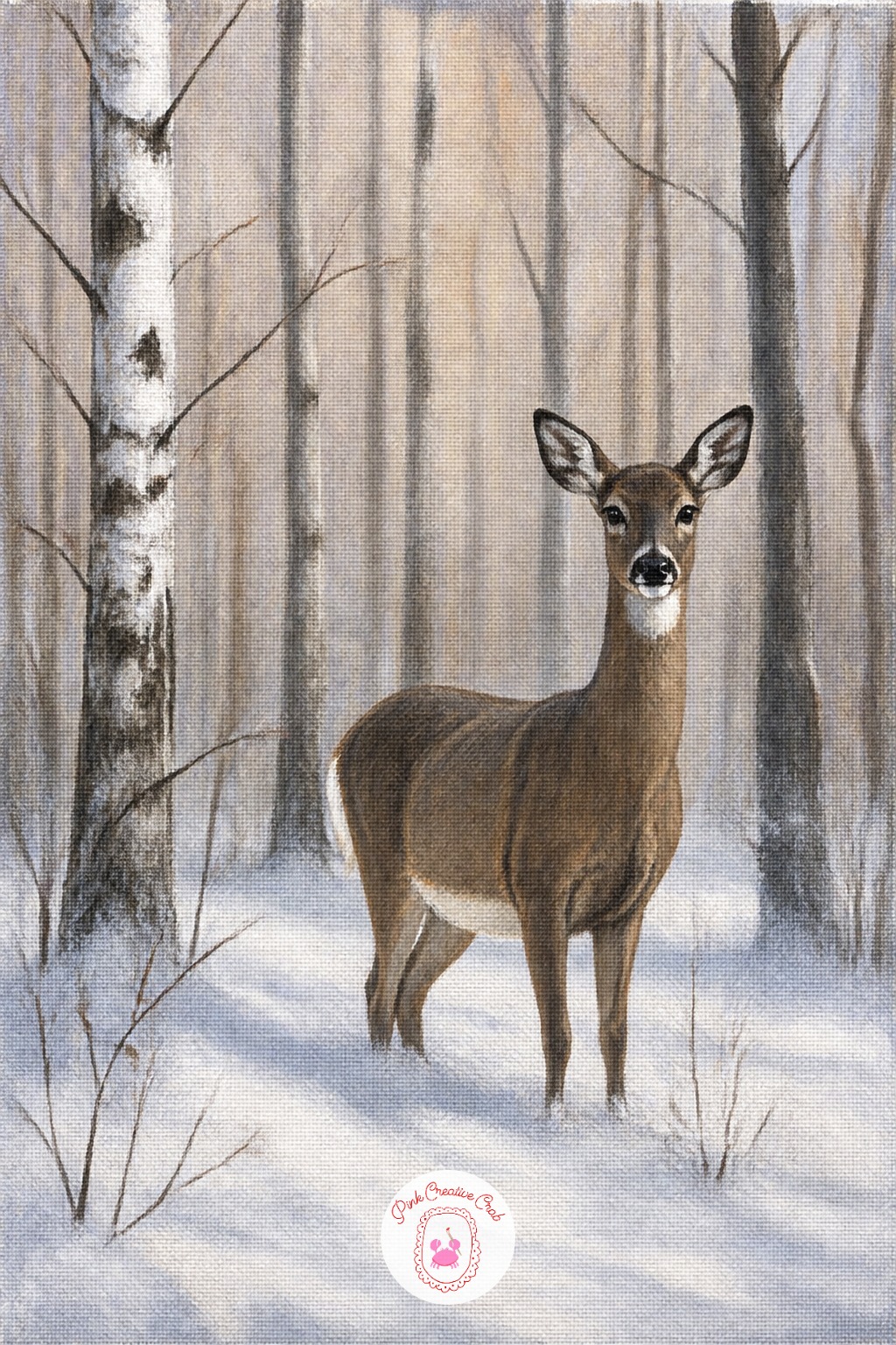 Deer In Snowy Woods — A deer standing among bare trees gives the scene a quiet animal presence without much detail required. Christmas painting ideas