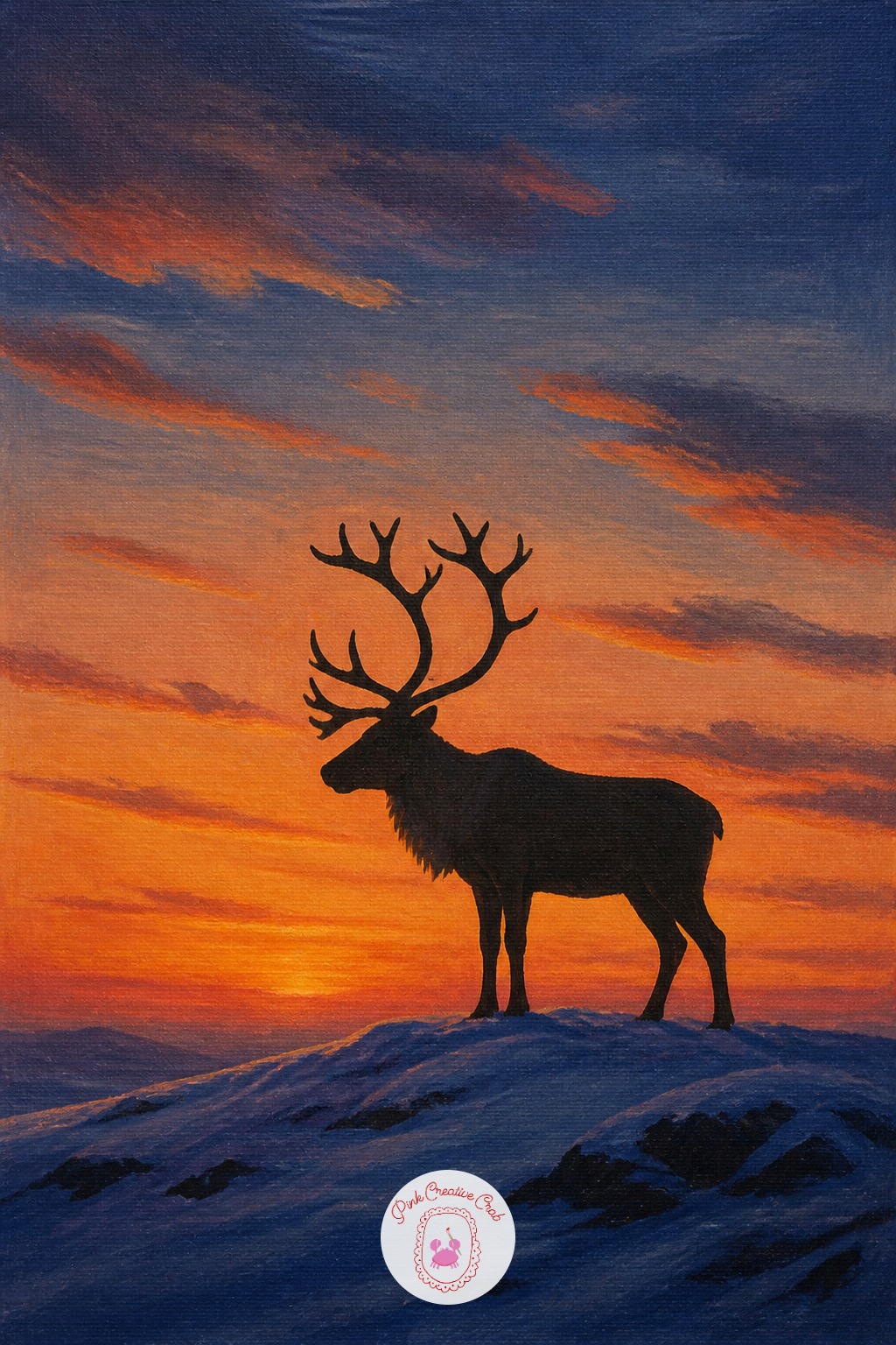 Reindeer Silhouette At Dusk — A reindeer silhouette with full antlers against a colorful dusk sky is more about the sky than the animal itself. Christmas