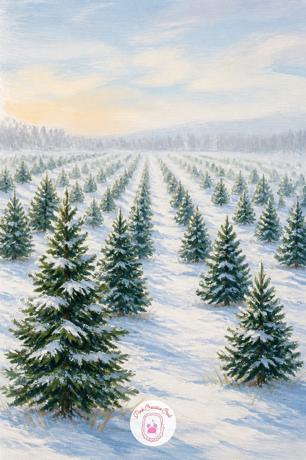 Christmas Tree Farm Rows — Rows of trees receding into the distance give you a simple way to practice depth on a small canvas. Christmas painting ideas