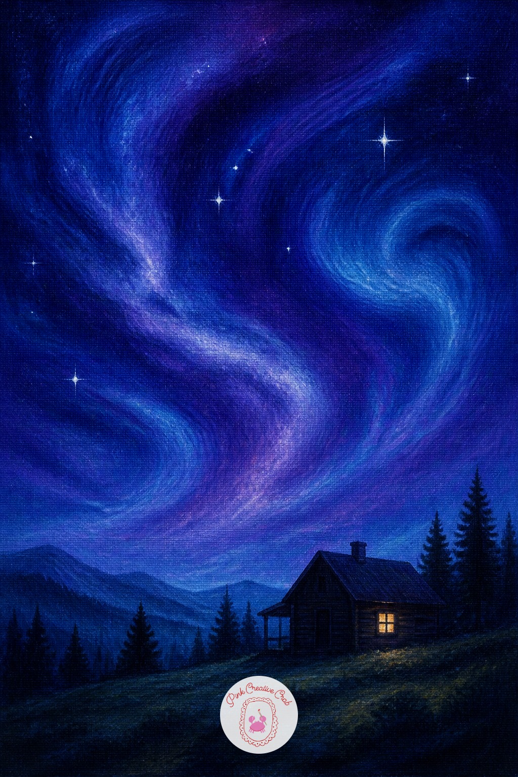 Starry Night Over A Cabin — A small cabin tucked under a big sky full of stars puts most of the canvas into the sky itself. Christmas painting ideas