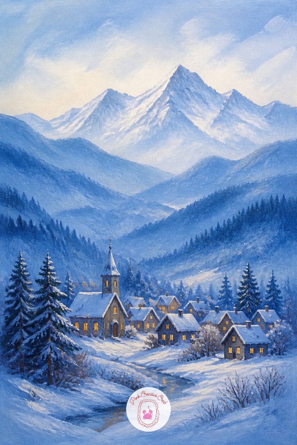 Snowy Mountain Village — A small village nestled at the base of snow capped mountains is one of the more involved christmas painting ideas here, since it
