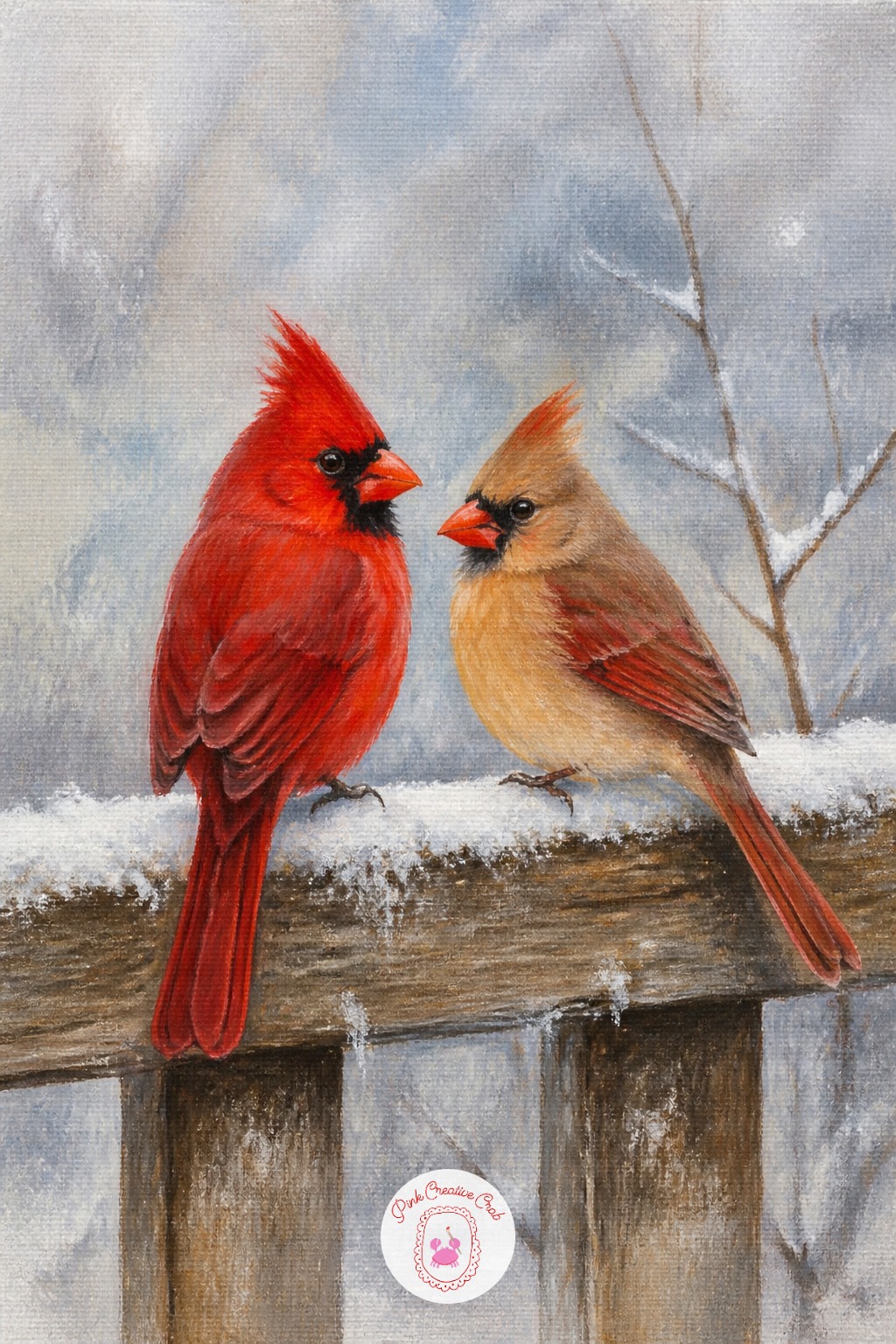 Winter Cardinal Pair On A Fence — A pair of cardinals on a fence rail builds on the single cardinal idea with a bit more composition to manage. Christmas