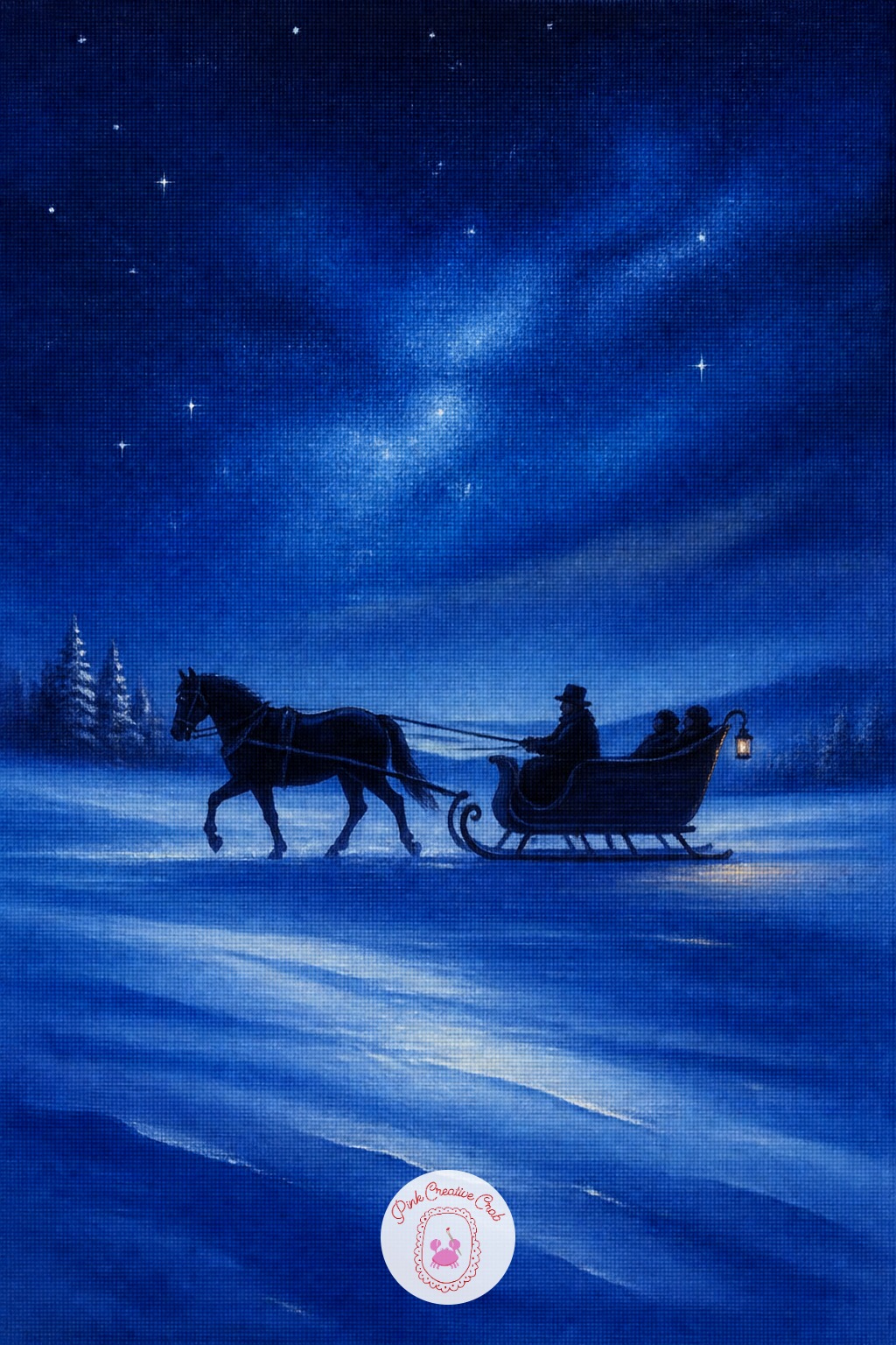 Nighttime Sleigh Ride Under Stars — A sleigh pulled by a horse moving across open snow under a starry sky is the most involved piece on this list, since it