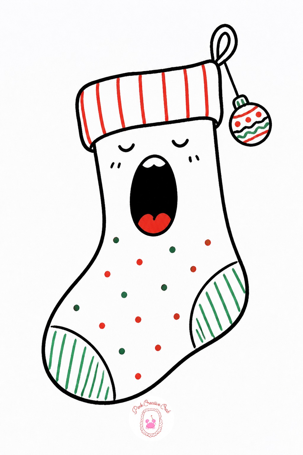 Yawning Christmas Stocking — Draw a long curved sock shape with a rounded heel bump, keeping the heel soft rather than a sharp corner. Cute christmas doodles