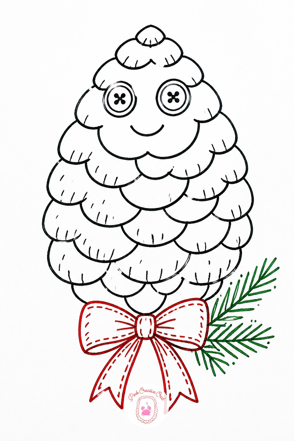 Pinecone With Button Eyes — Draw an oval outline, then fill it with short overlapping scale lines, staggering them row to row rather than lining them up