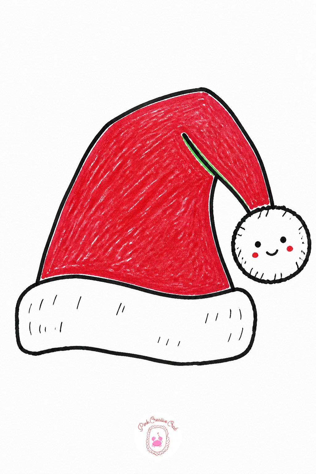 Santa Hat With Pom Pom Face — Draw a triangle hat shape with a curved brim along the bottom and one round pom pom at the tip. Cute christmas doodles
