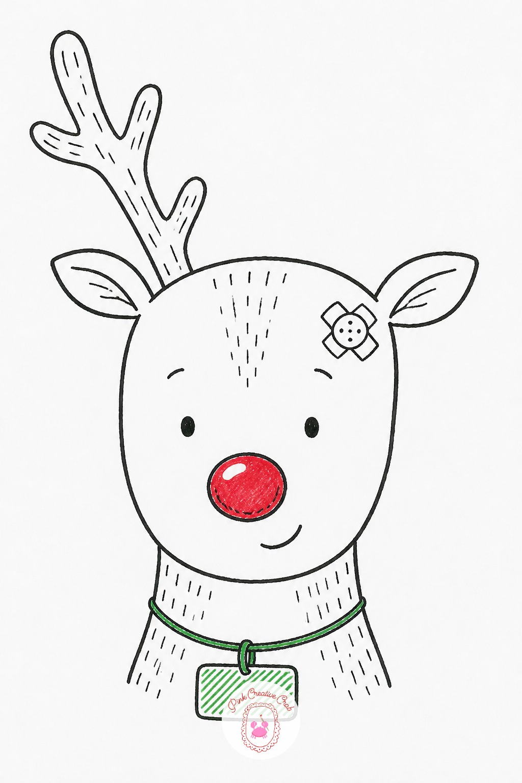 Reindeer With One Antler — Draw an oval head with two round ears, then add one branching antler on one side and a small round bandage patch where the other