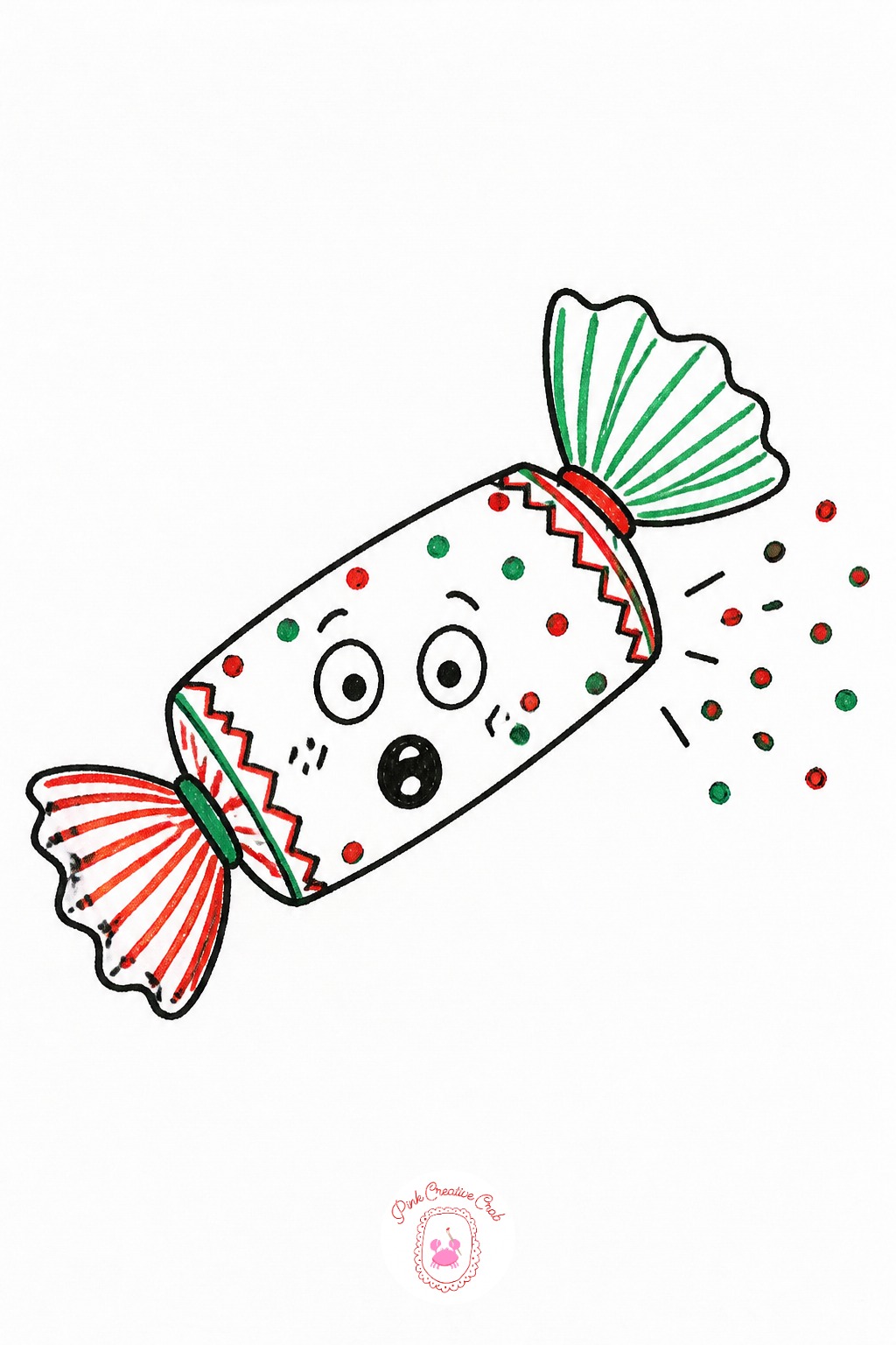 Christmas Cracker With Surprised Face — Draw a tube shape pinched inward tightly at both ends, like a wrapped candy. Cute christmas doodles