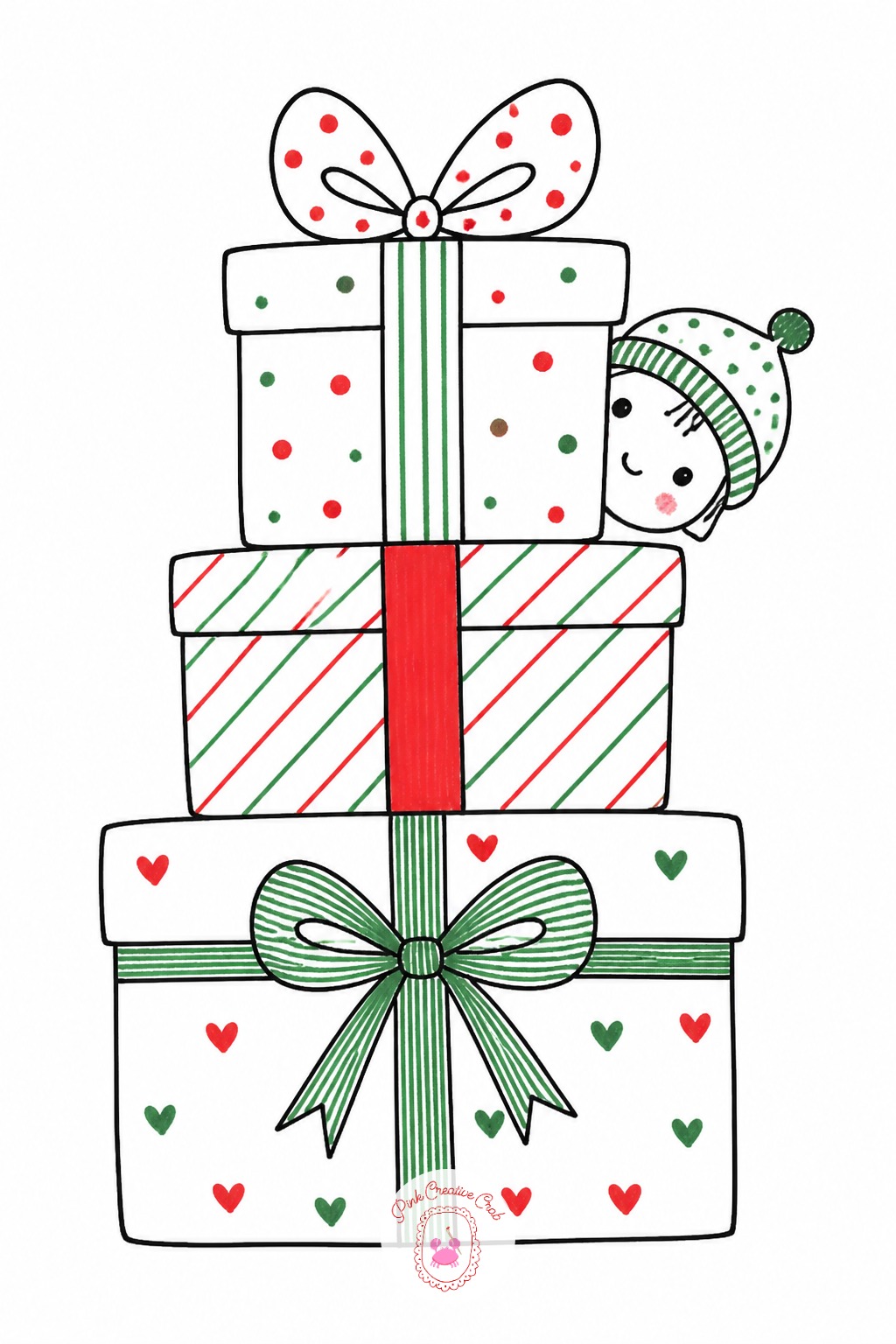 Wrapped Present Stack — Draw three overlapping rectangles in clearly different sizes, stacked like a small pile. Cute christmas doodles