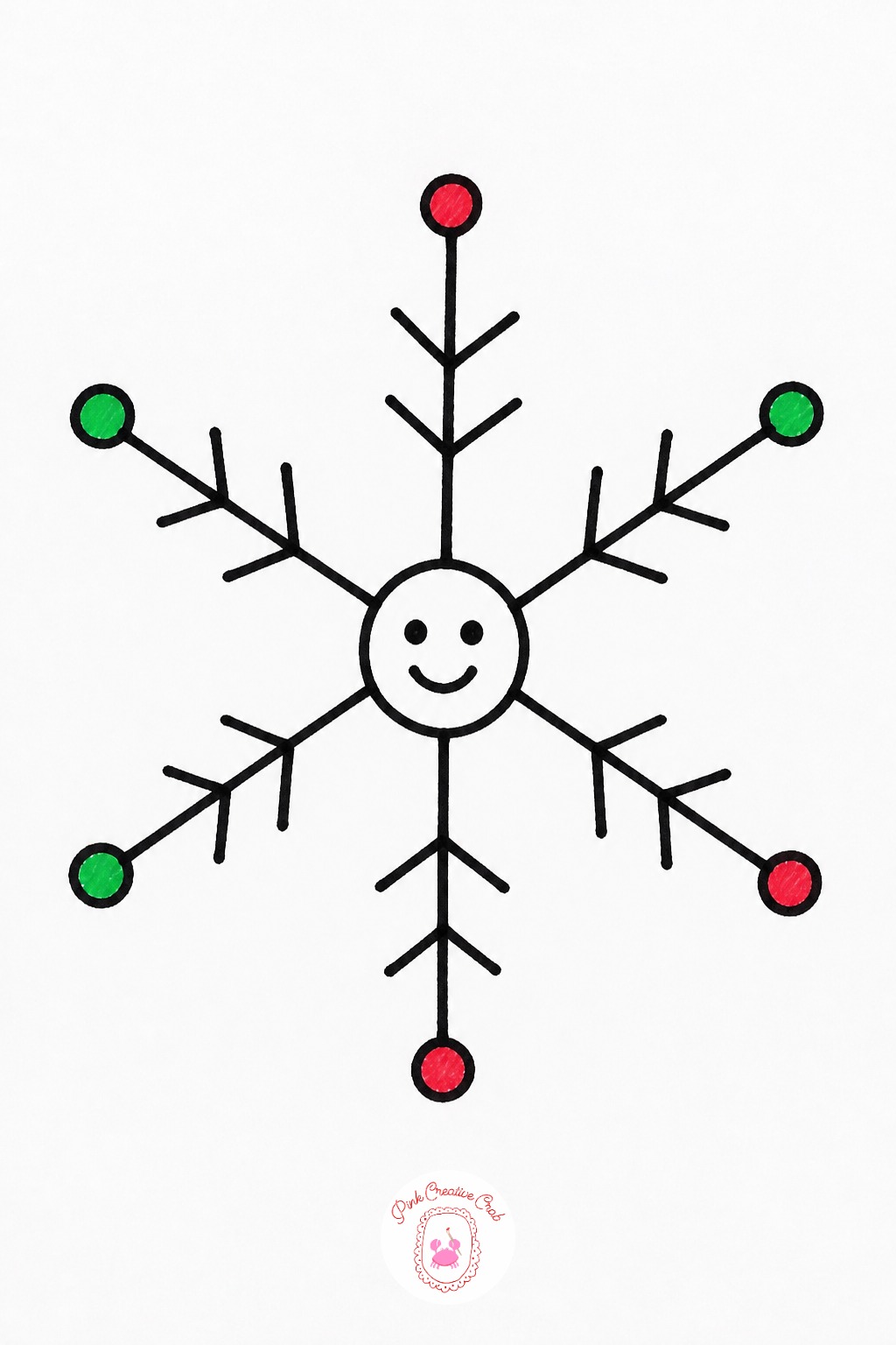 Snowflake With a Smiling Center — Draw six lines crossing at a single center point, evenly spaced around the circle. Cute christmas doodles