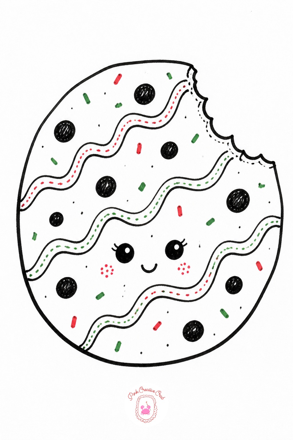 Christmas Cookie Bitten at the Corner — Draw a round or star shaped cookie, then remove one corner with a rough, uneven scalloped line rather than a clean