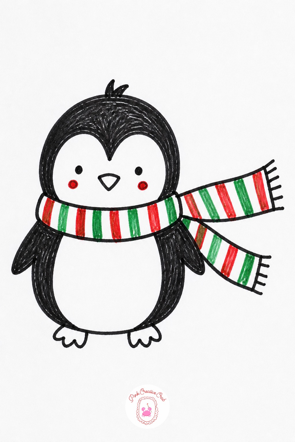 Penguin in a Scarf — Draw an oval body, a round head, and two small triangle feet. Cute christmas doodles