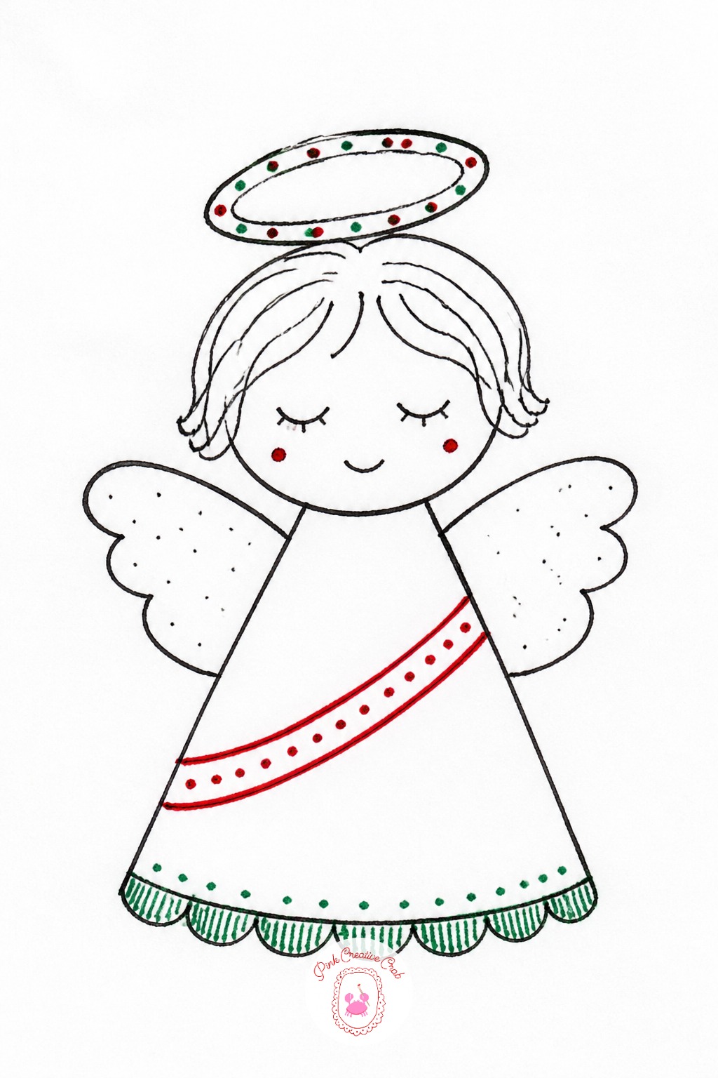 Angel Ornament With Wonky Halo — Draw a simple triangle gown shape with a round head on top and two small wing shapes to the sides, keeping the wings smaller