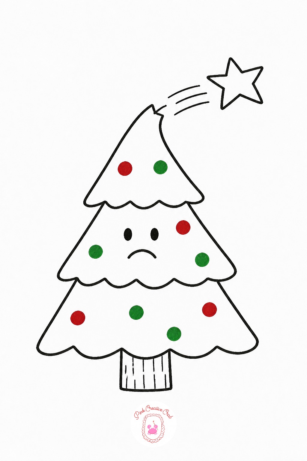Christmas Tree Star Falling Off — Draw a simple triangle tree, then place the star tipped to one side at the top, as if it is slipping off the branch rather