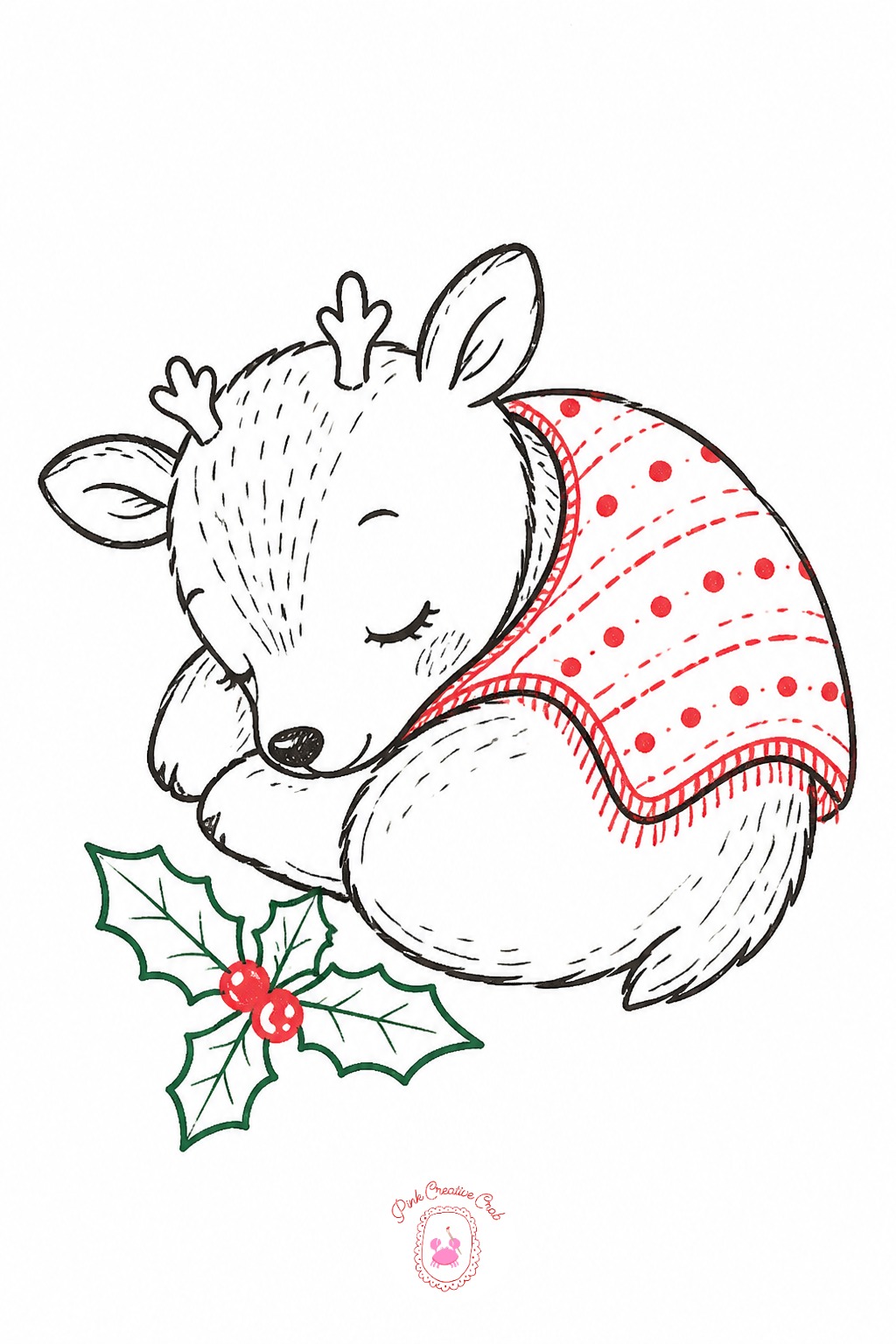 Sleepy Baby Reindeer Curled Up — Draw an oval body curled into a comma shape, head tucked down near the base, and two tiny antler nubs rather than full