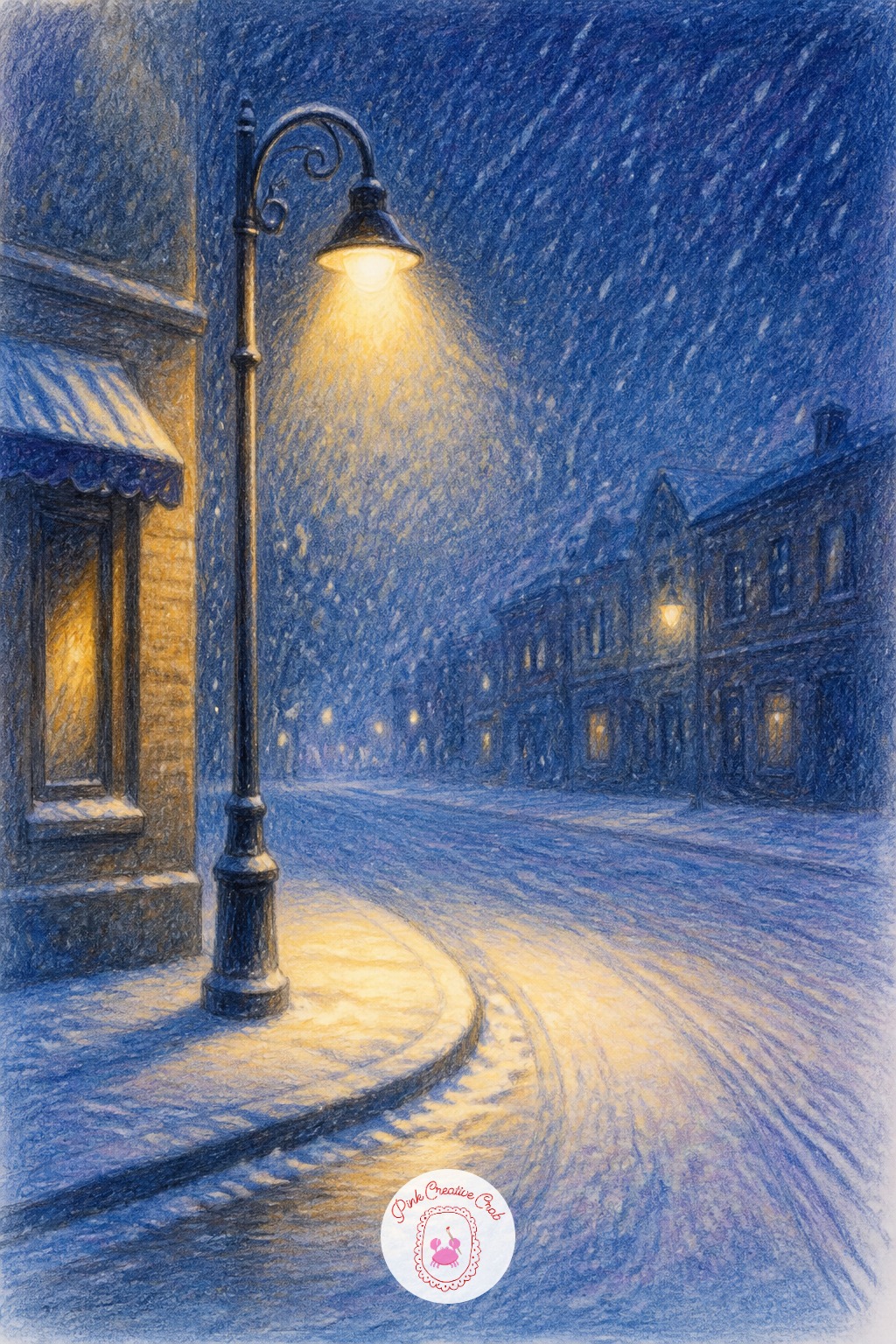Corner Streetlamp In Falling Snow — This is the simplest setting in the list, one curved lamp post and a pool of light on the snow below it. Christmas scene
