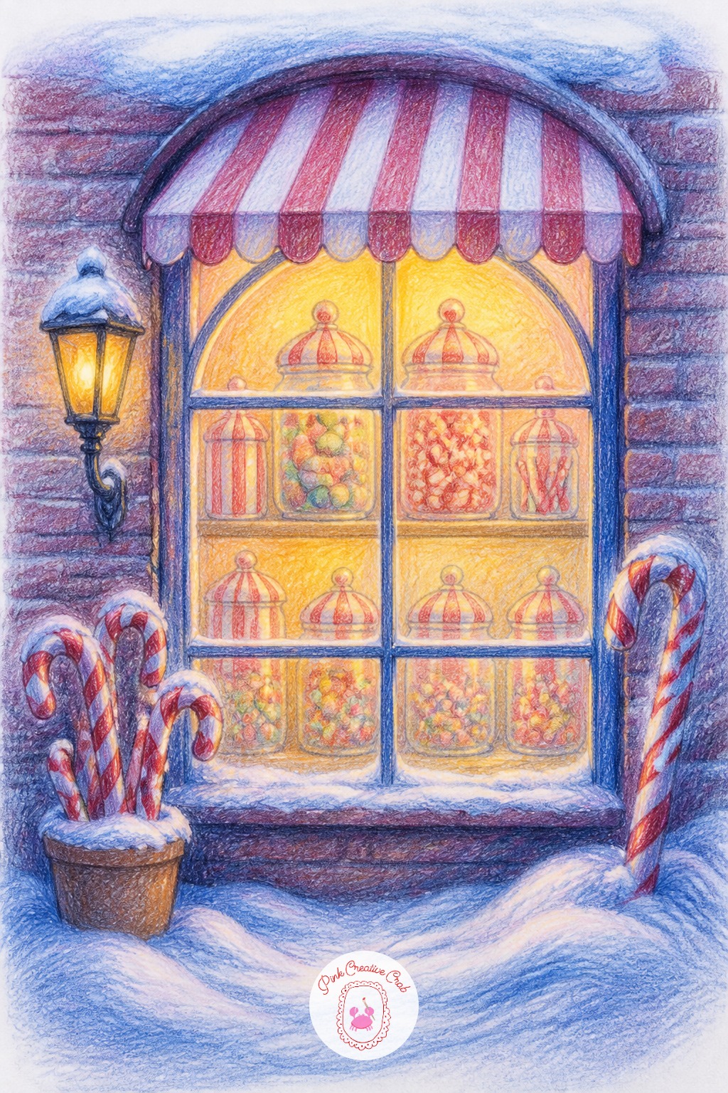 Candy Shop Window — Jars of striped candy and a few hanging candy canes fill this window with color and give an easy reason to practice warm layering.