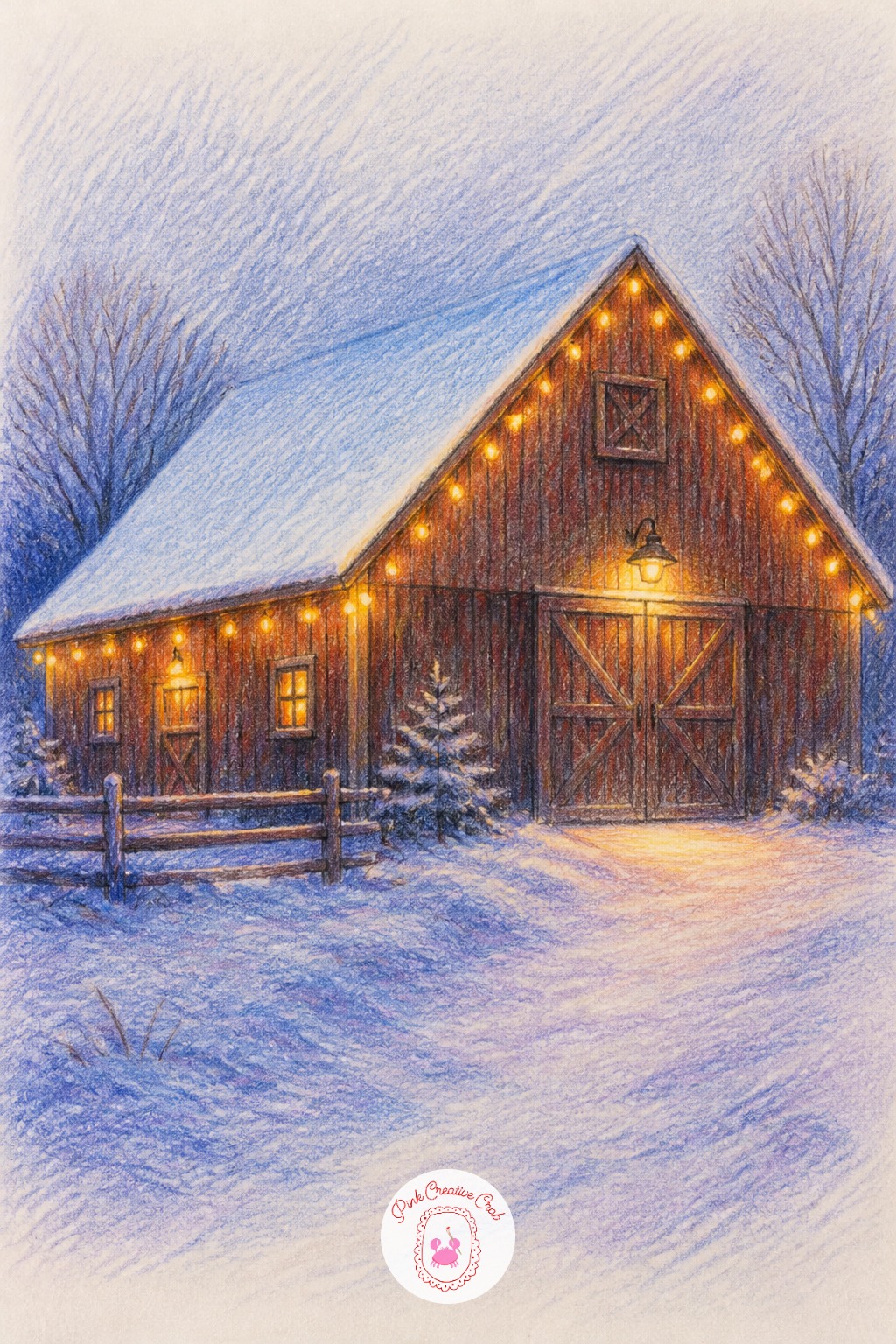Barn With Hanging Lights — An old barn with a string of warm lights along the eaves and a sleigh parked outside gives a rural scene that still has one clear