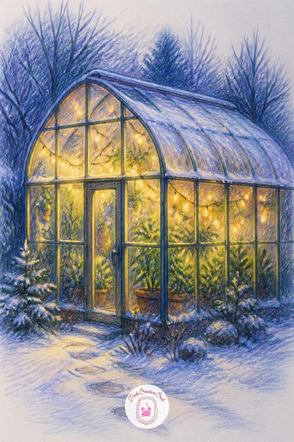 Greenhouse Glowing With String Lights — A glass greenhouse strung with small lights and filled with the shadows of plants makes an unusual focal point that