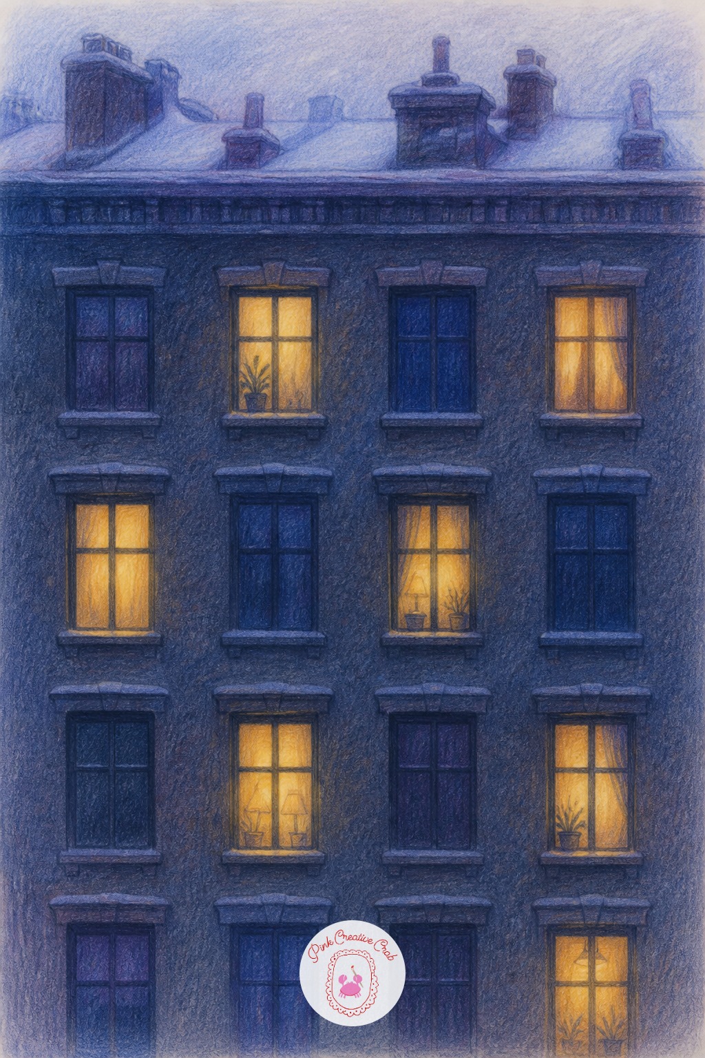 Row Of City Apartment Windows — A row of apartment windows at night, some lit and some dark, gives a wider city scene built from a repeating simple shape.
