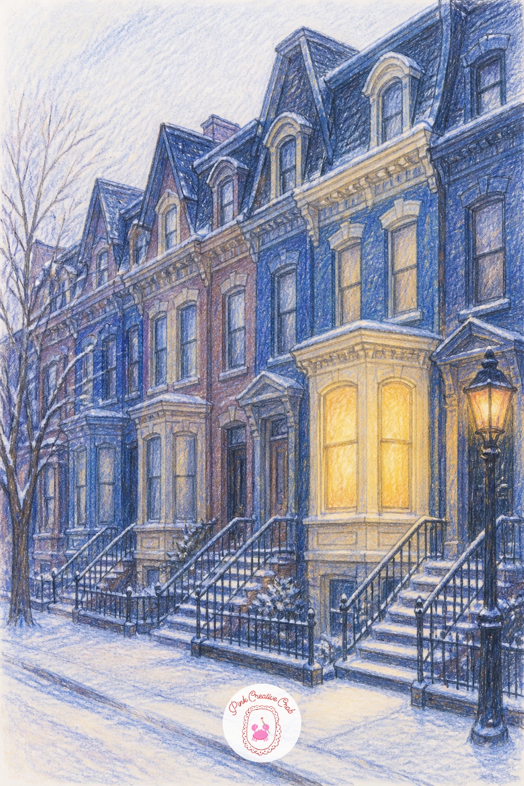 Victorian Townhouse Row — A row of narrow Victorian townhouses with bay windows and a shared strip of snow out front makes a slightly more detailed street