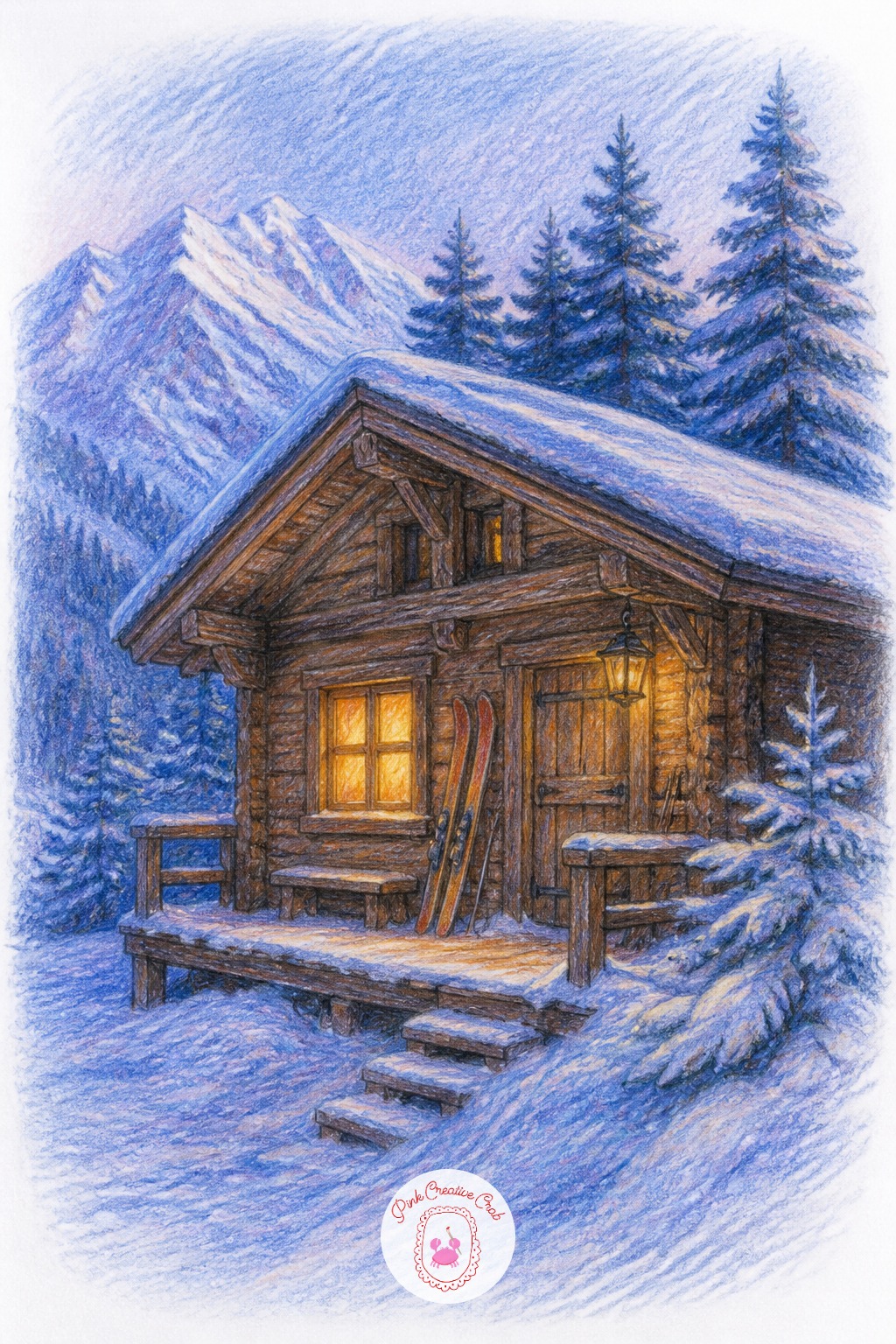Mountain Chalet With Skis — A wooden chalet with skis leaning against the porch and a single lit window gives an alpine setting without needing a full mountain