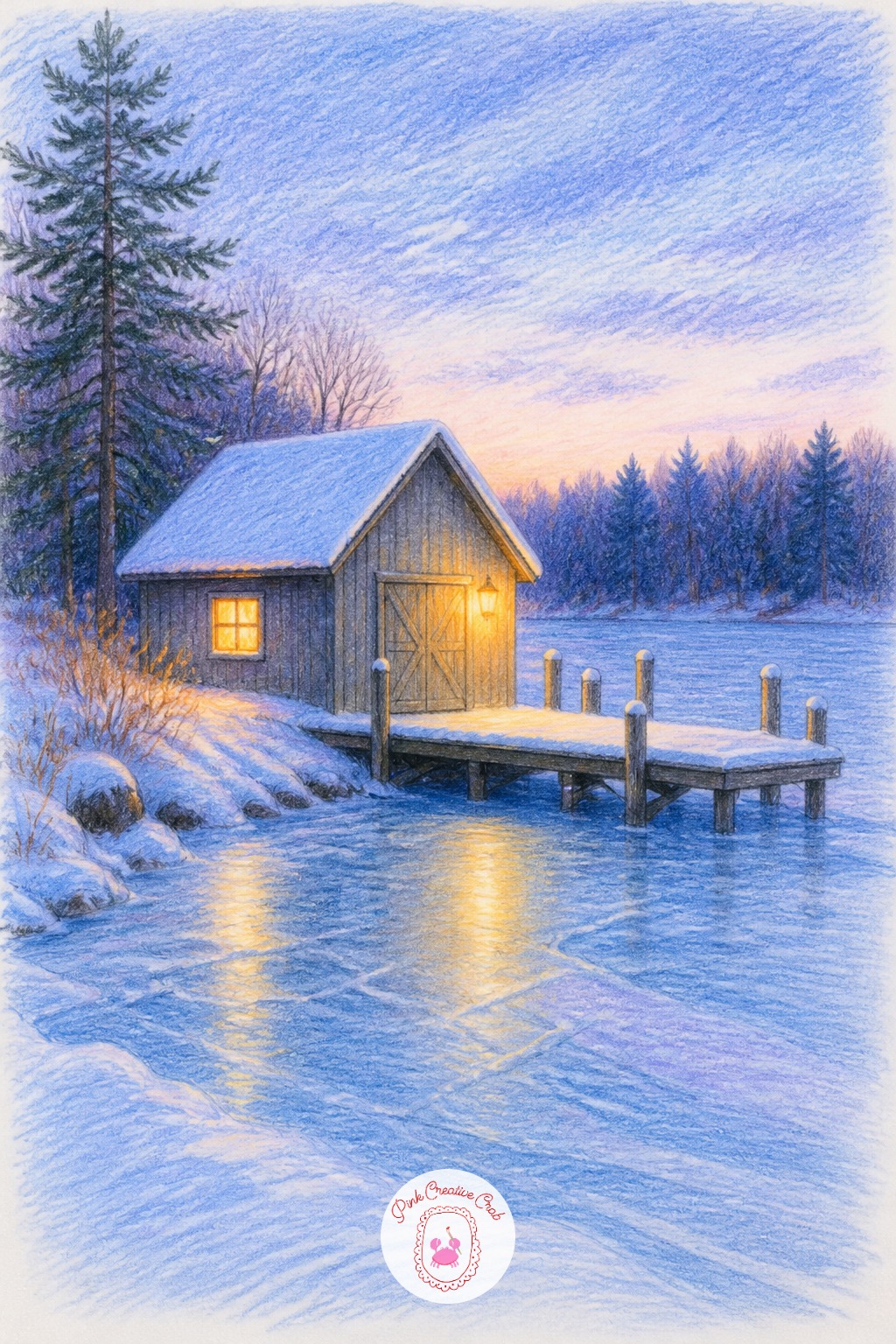 Frozen Lake Dock And Boathouse — A small dock and boathouse at the edge of a frozen lake gives a quiet scene with a single warm light reflected faintly on the
