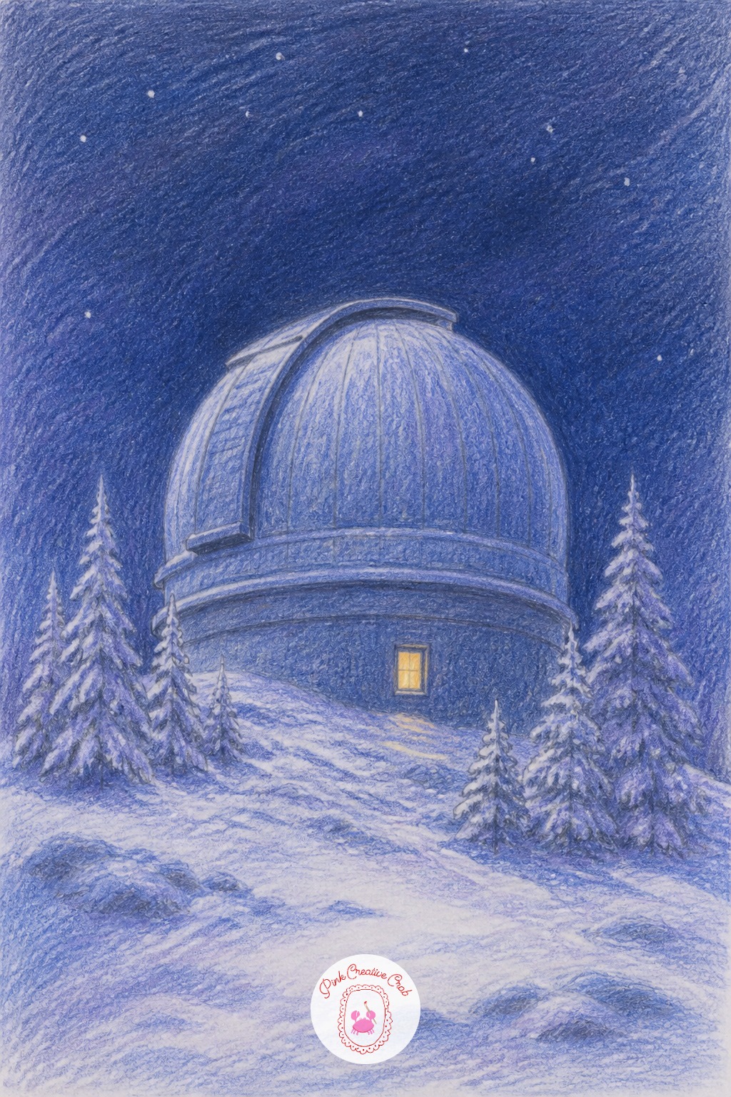 Snow Covered Observatory Dome — A small round observatory dome with a lit window at its base is an easy way to draw something a little different while keeping