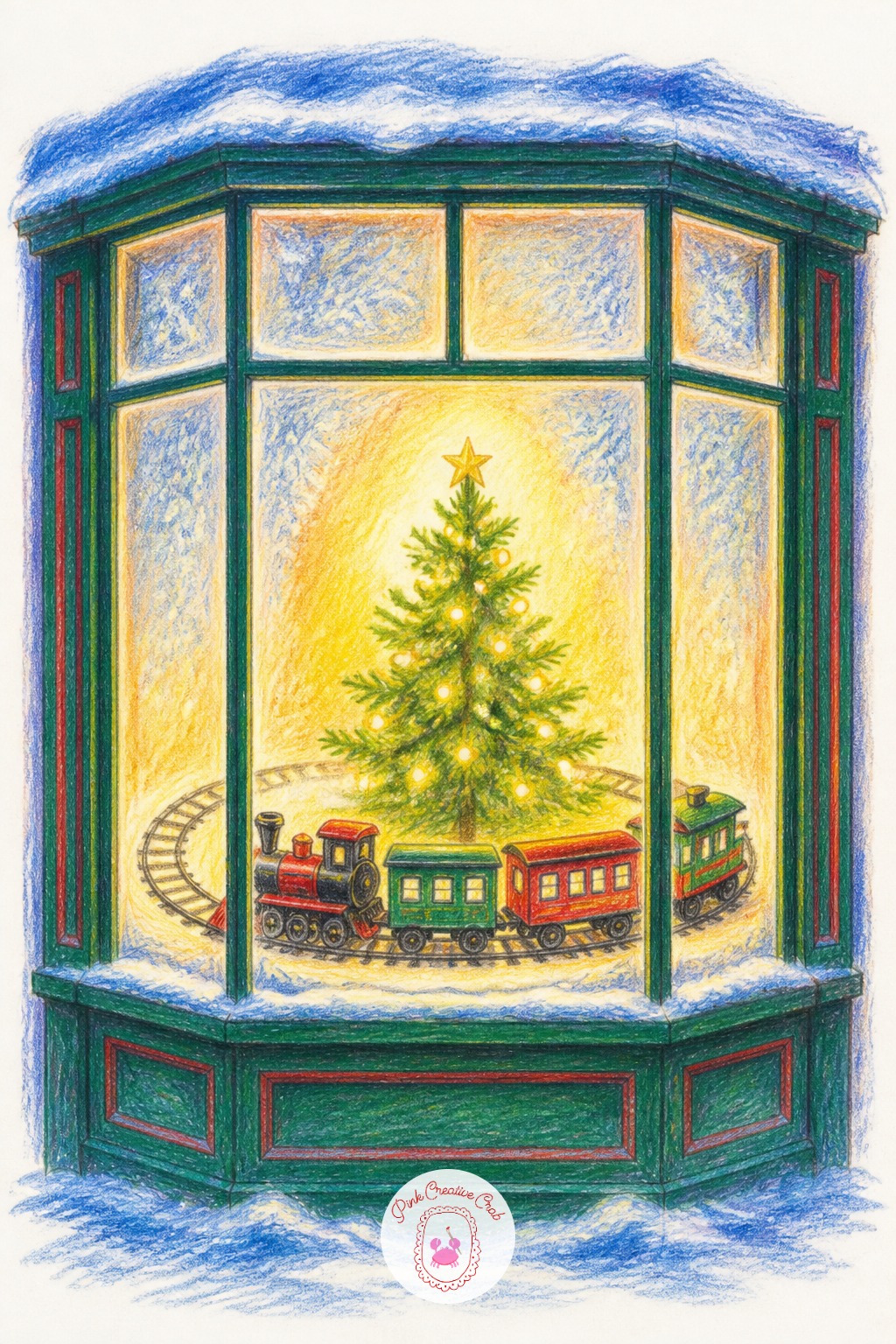 Toy Train Set In Shop Window — A shop window built entirely around a toy train set circling a small tree gives a scene with a lot of small warm details in one