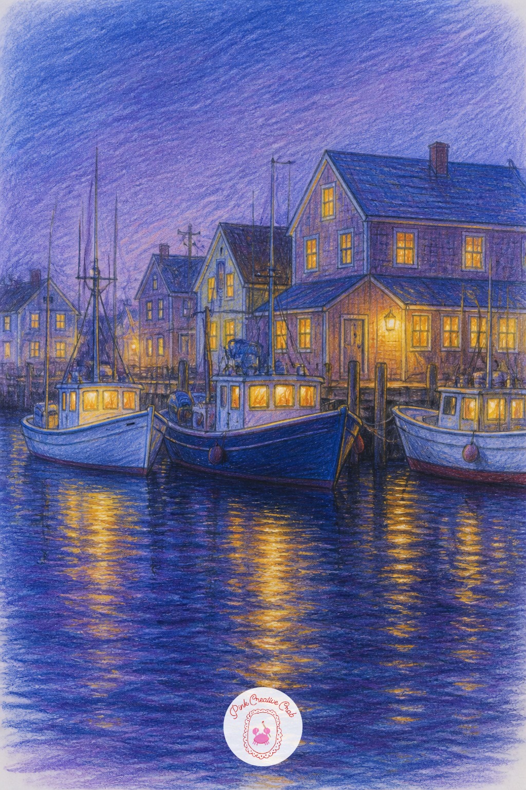 Harbor With Fishing Boats — A small harbor with a few fishing boats and a row of lit windows along the waterfront gives a coastal version of the same warm and