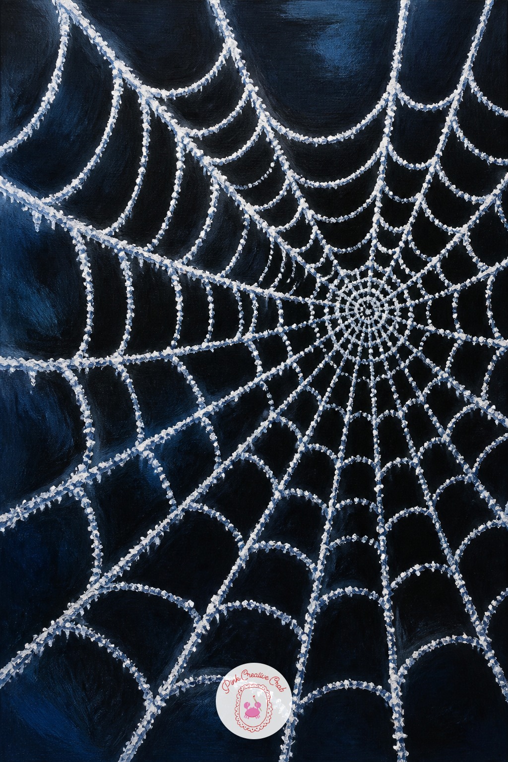 Frosted Spiderweb Close-Up — A frosted web is an unusual close-up subject and reads as striking against a near-black canvas. Winter painting ideas